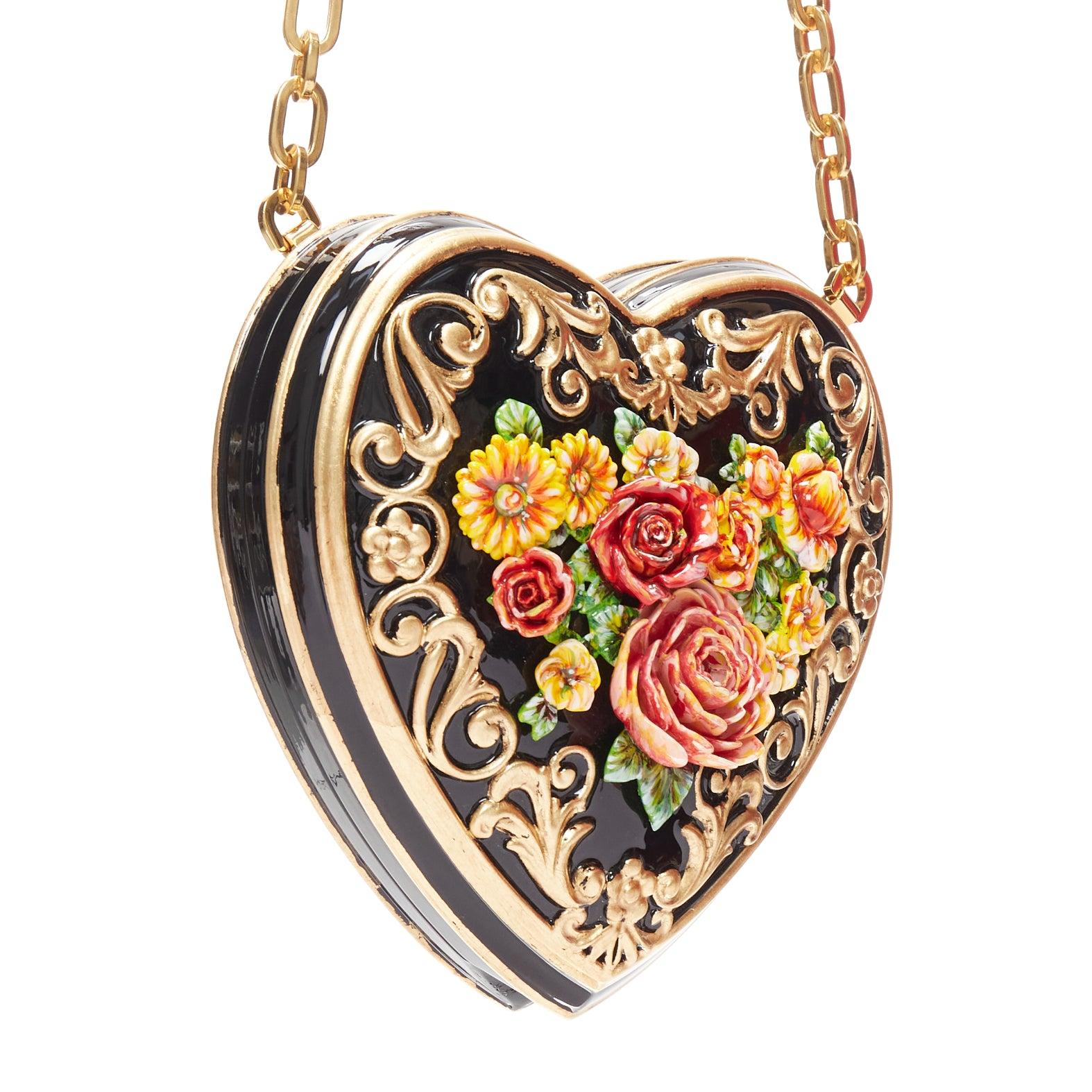 DOLCE GABBANA Runway Baroque Painted black gold red roses heart box chain bag In New Condition For Sale In Hong Kong, NT