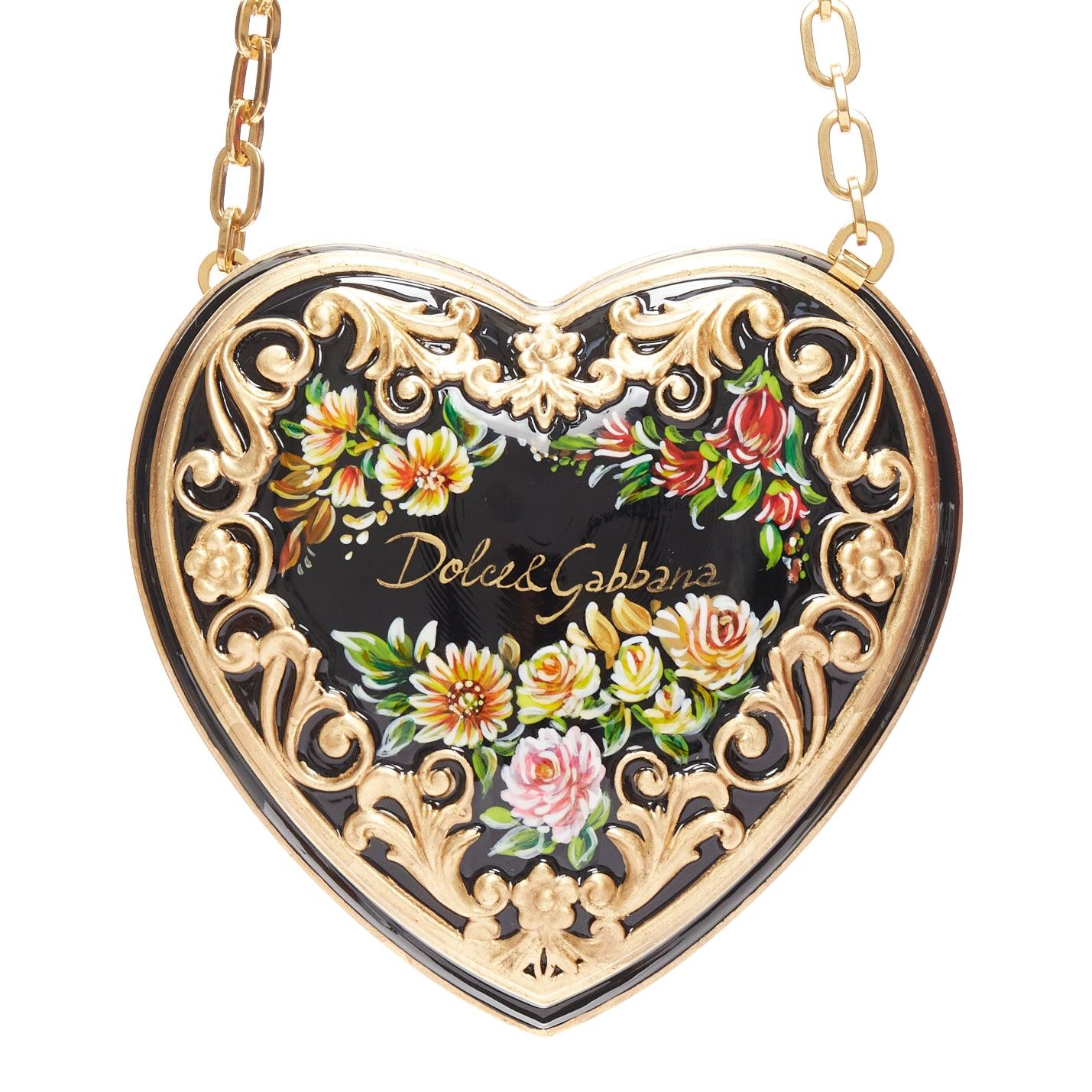 DOLCE GABBANA Runway Baroque Painted black gold red roses heart box chain bag en vente 1