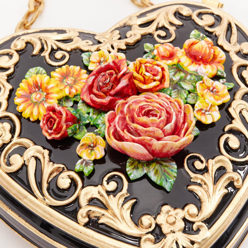 DOLCE GABBANA Runway Baroque Painted black gold red roses heart box chain bag en vente 3