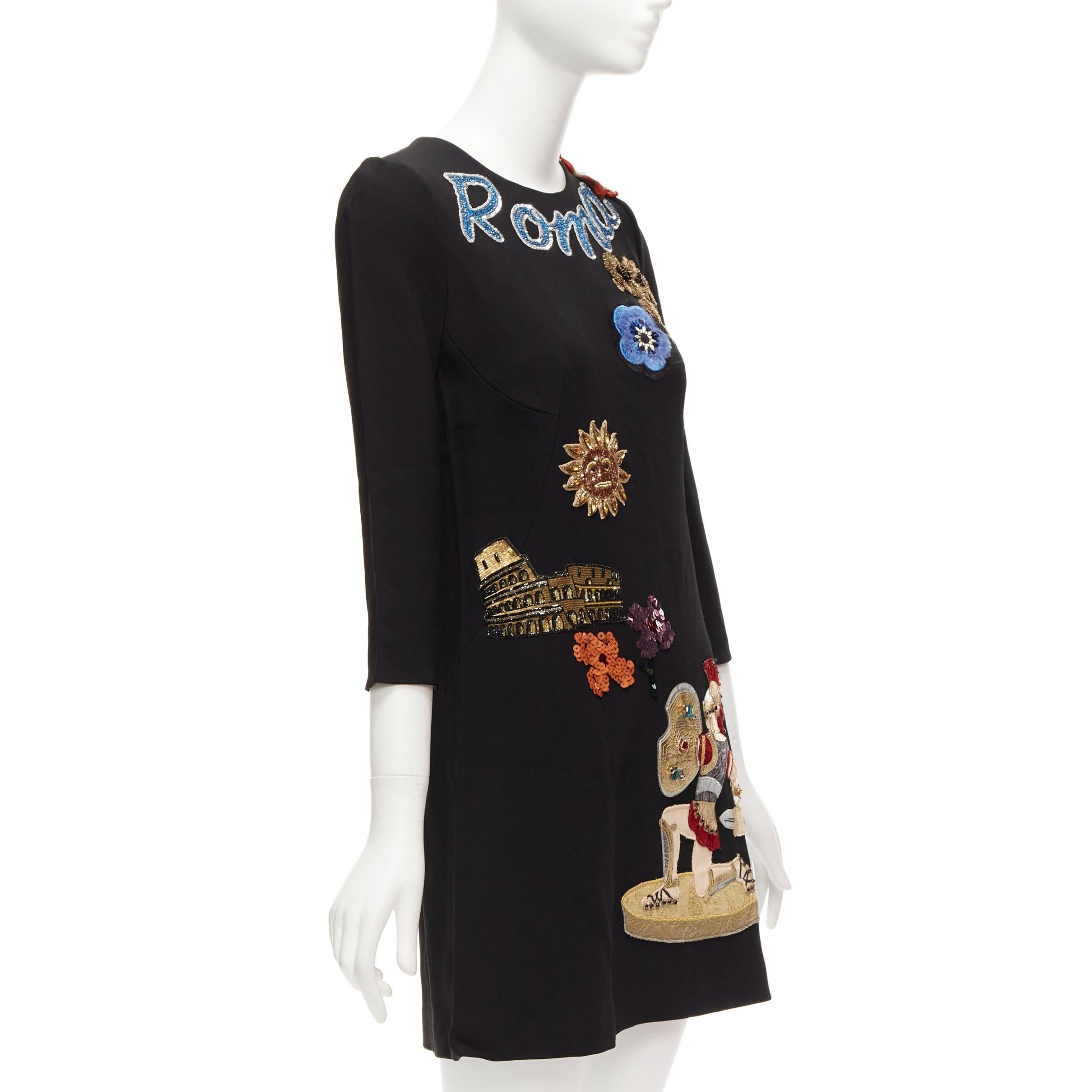 DOLCE GABBANA Pasarela negro Roma Guerrero lentejuelas cuero parche vestido shift IT38 XS Negro en venta