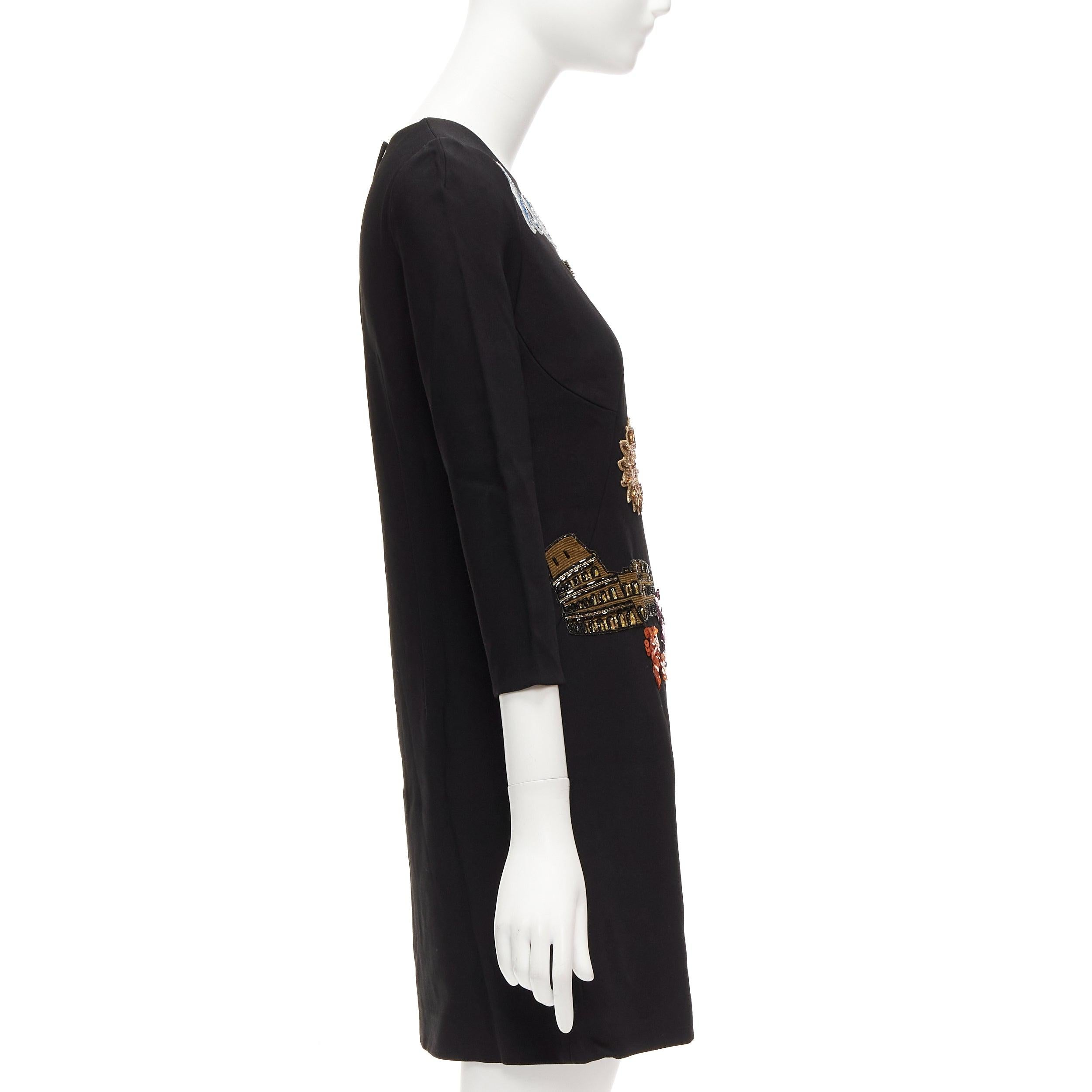 DOLCE GABBANA Pasarela negro Roma Guerrero lentejuelas cuero parche vestido shift IT38 XS en Bueno estado para la venta en Hong Kong, NT