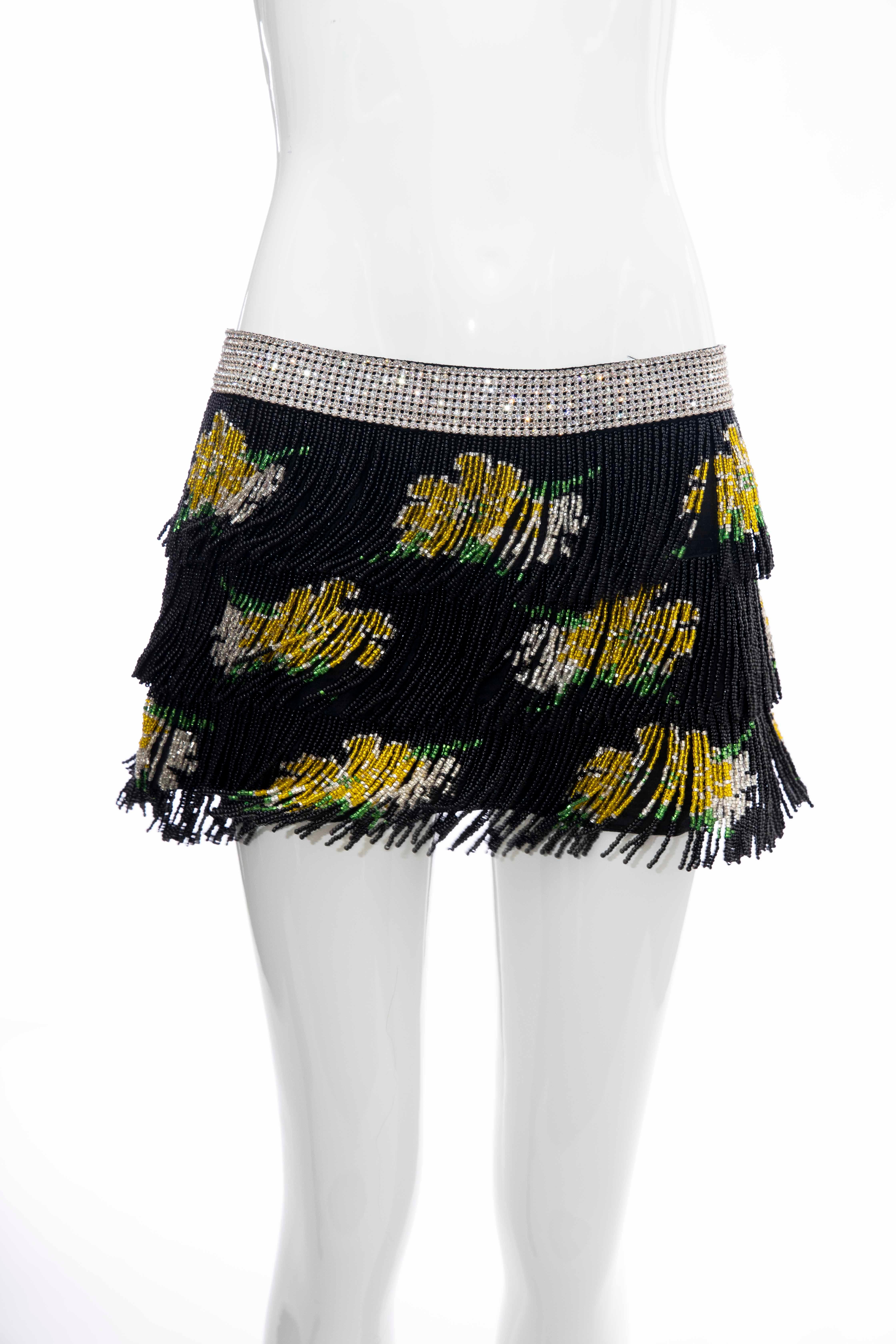 Dolce & Gabbana Runway Black Silk Beaded Fringe Diamanté Mini-Skirt, Spring 2000 For Sale 3
