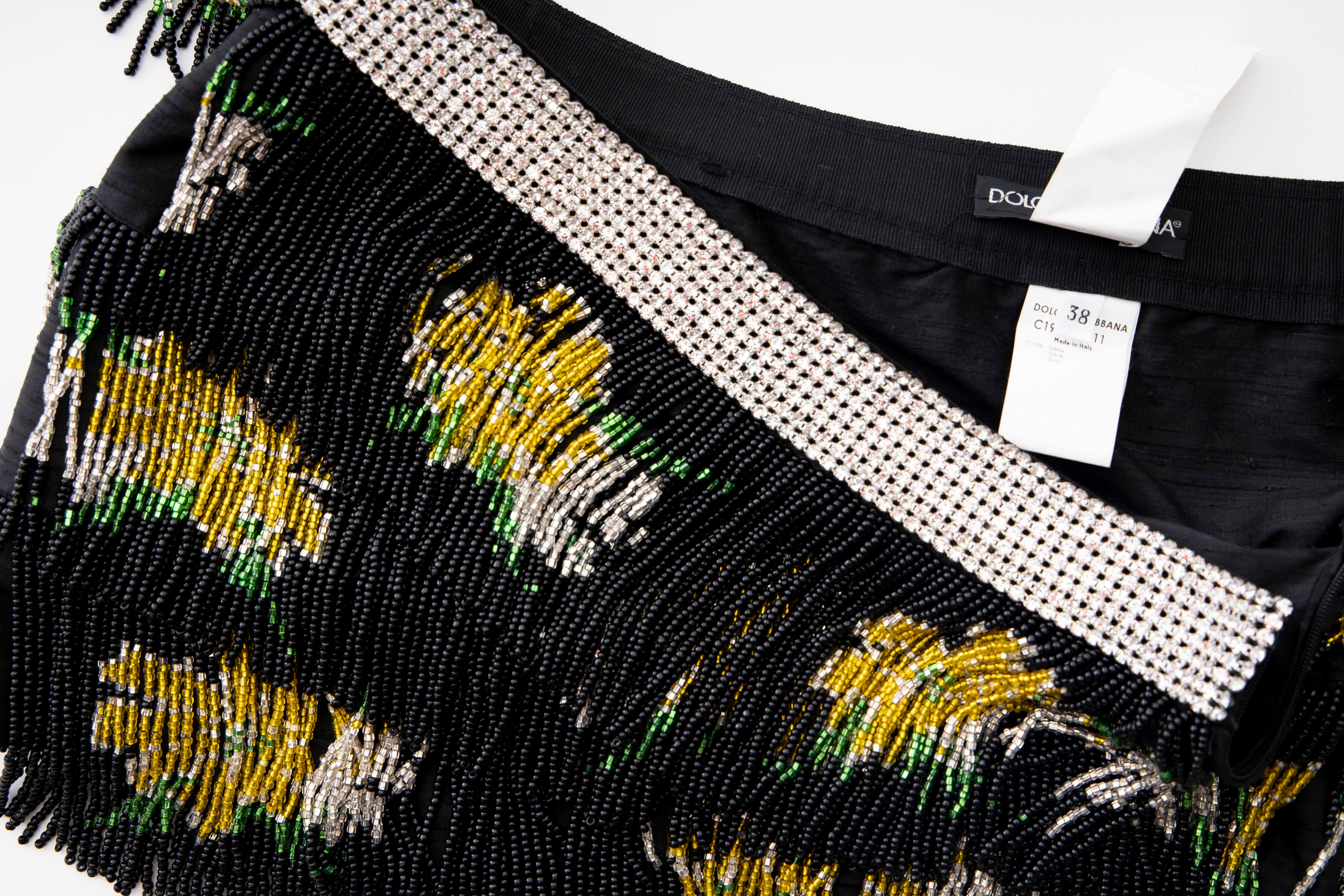 Dolce & Gabbana Runway Black Silk Beaded Fringe Diamanté Mini-Skirt, Spring 2000 For Sale 5