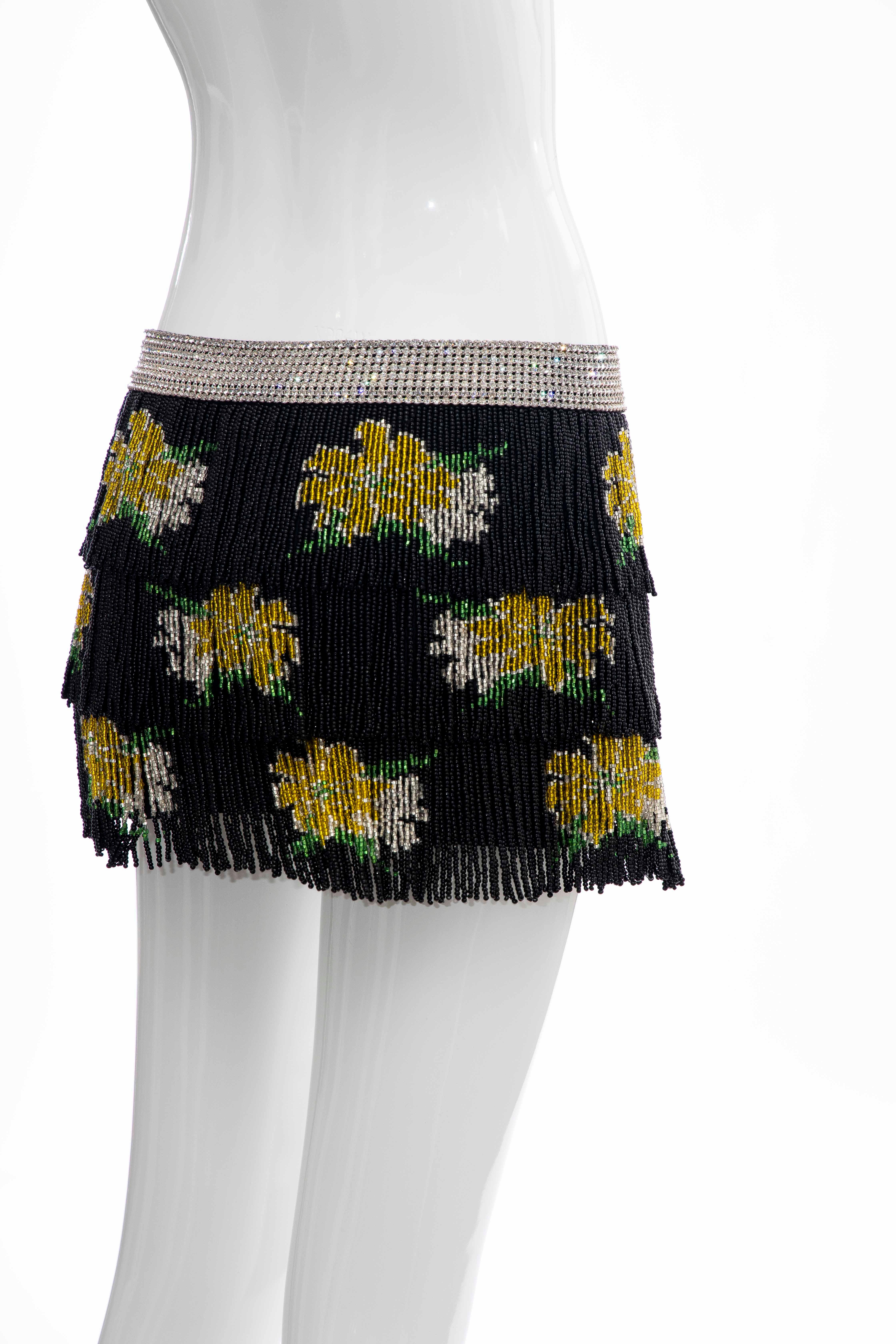 Dolce & Gabbana Runway Black Silk Beaded Fringe Diamanté Mini-Skirt, Spring 2000 In Excellent Condition For Sale In Cincinnati, OH