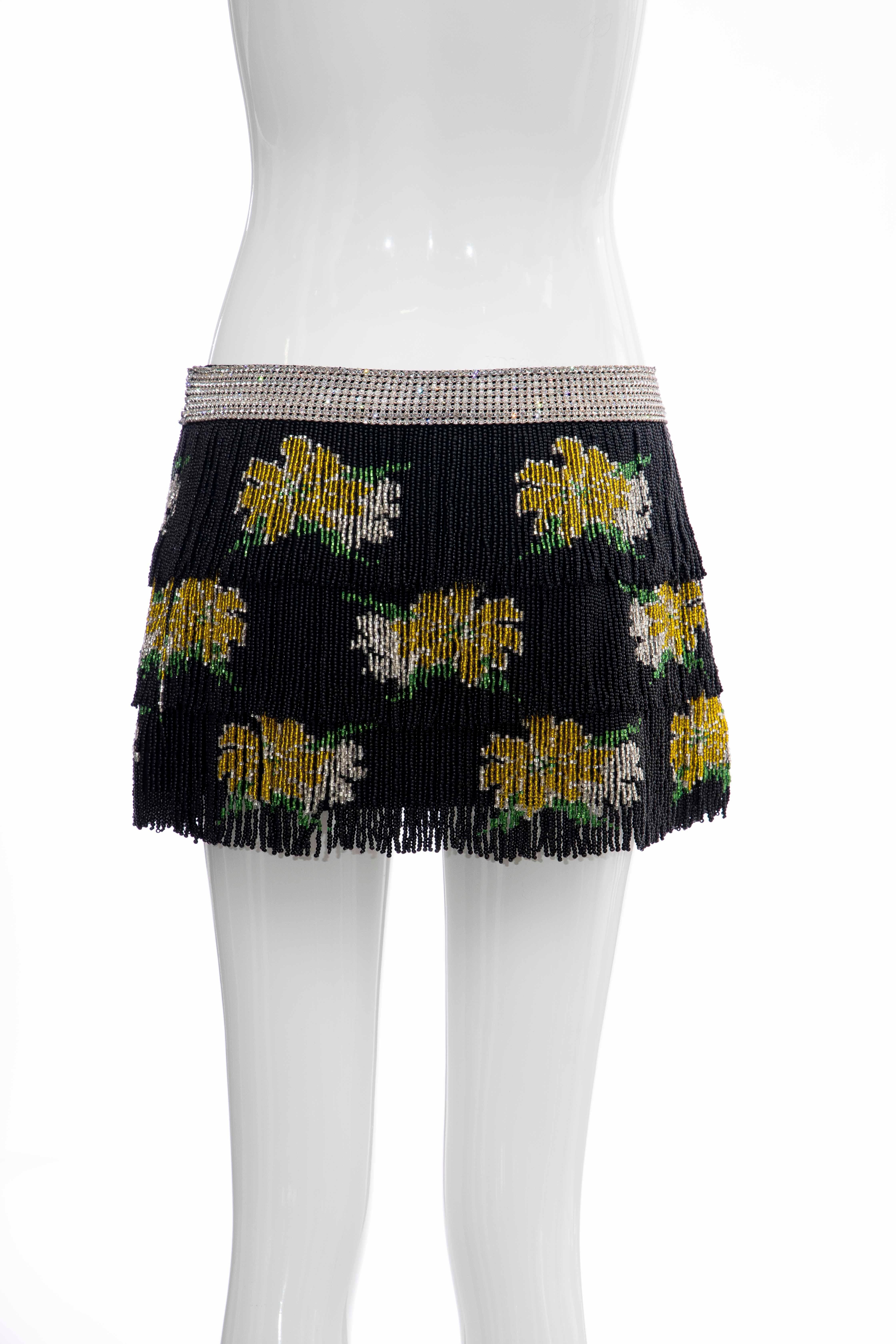 Women's Dolce & Gabbana Runway Black Silk Beaded Fringe Diamanté Mini-Skirt, Spring 2000 For Sale