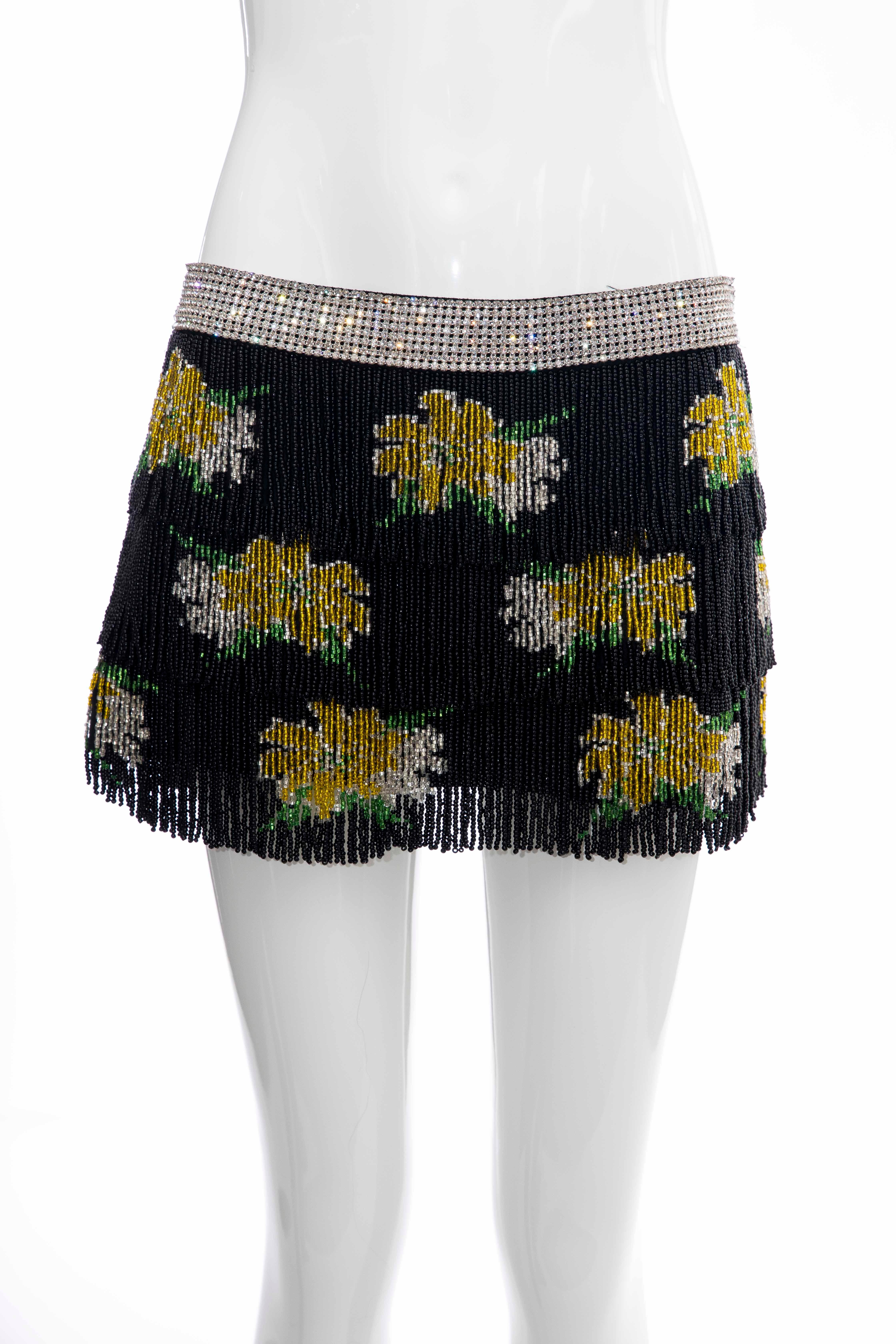 Dolce & Gabbana Runway Black Silk Beaded Fringe Diamanté Mini-Skirt, Spring 2000 For Sale 2