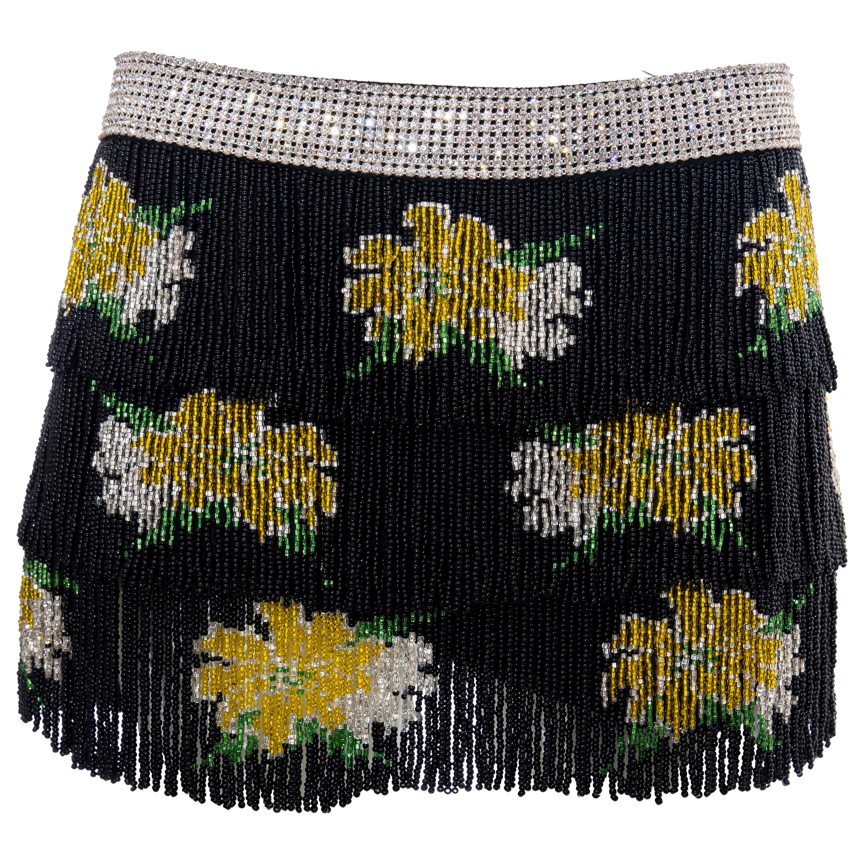 Dolce & Gabbana Runway Black Silk Beaded Fringe Diamanté Mini-Skirt, Spring 2000 For Sale