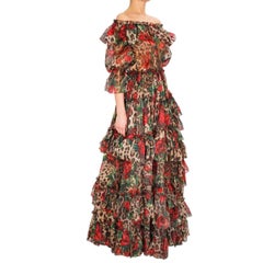 Dolce & Gabbana - Robe longue en soie imprimée de roses léopard rouge et marron, taille IT 40
