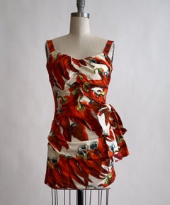 Dolce & Gabbana Runway Red Chili Pepper Print Ruched Mini Dress with Bow Accent