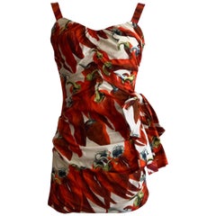Dolce & Gabbana Runway Red Chili Pepper Print Ruched Mini Dress with Bow Accent