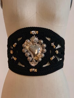 Dolce & Gabbana Runway Sacred Heart Embellished Black Suede Passamenterie Belt
