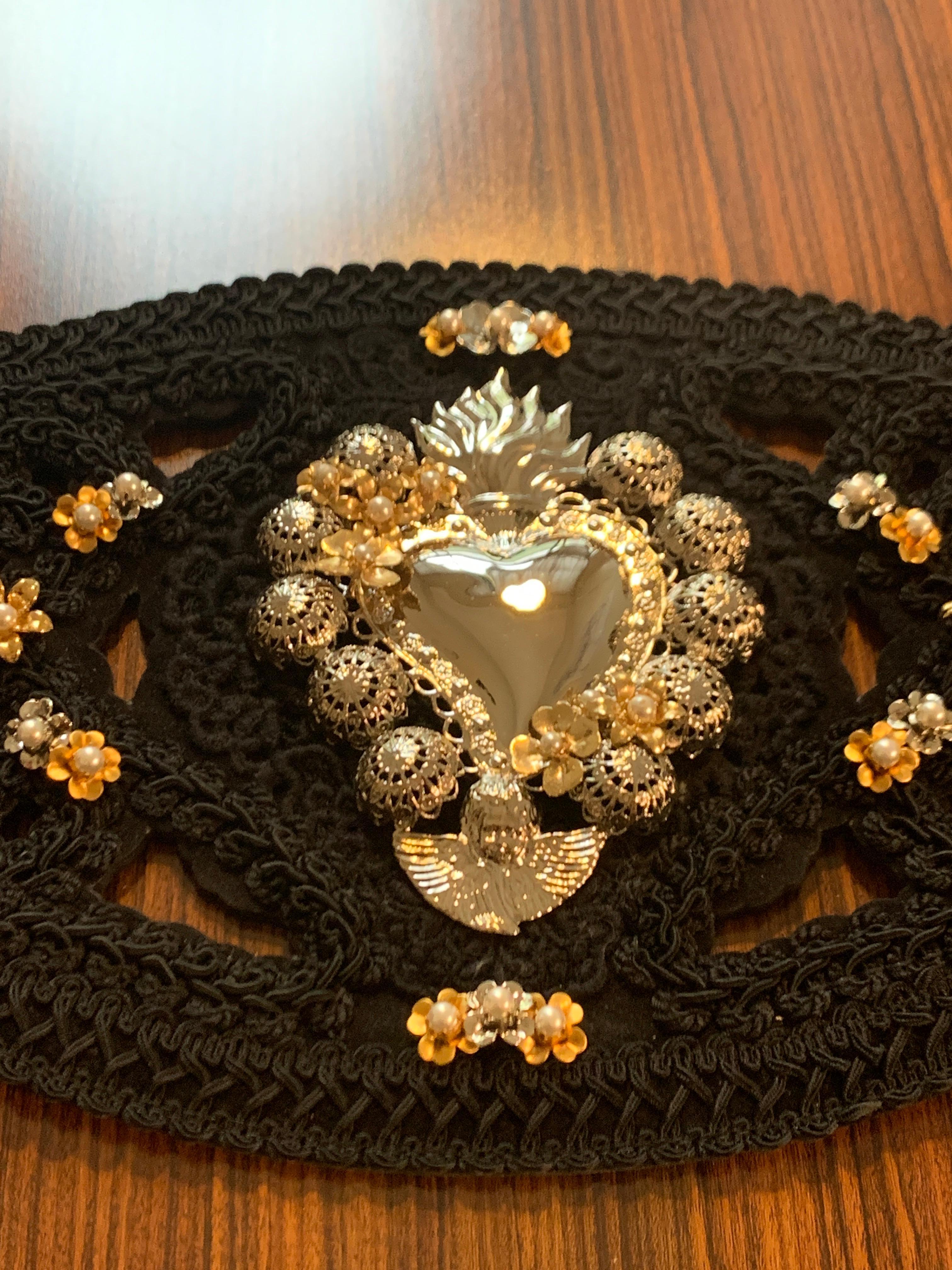 Dolce & Gabbana Runway Sacred Heart Embellished Black Suede Passamenterie Belt  1