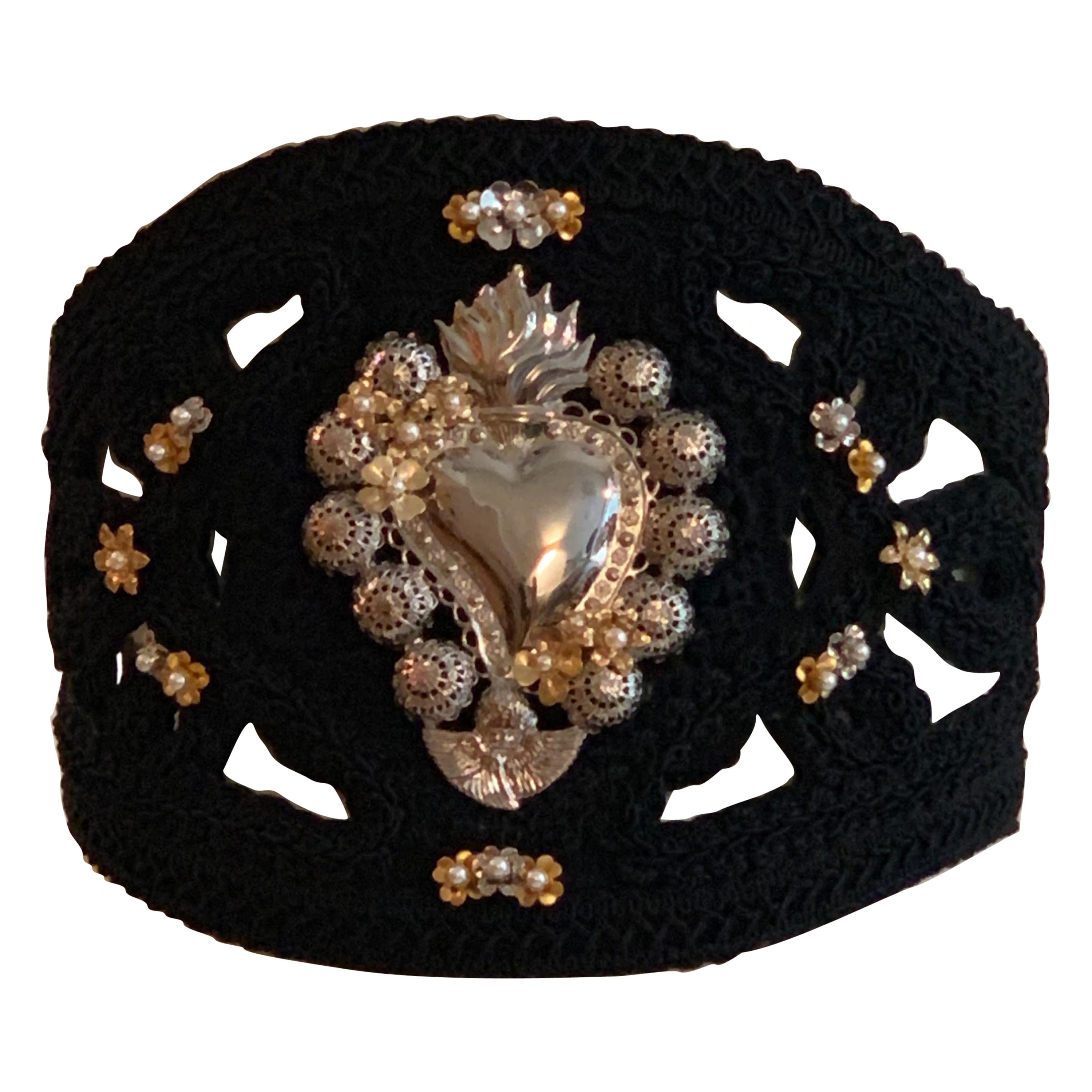 Dolce & Gabbana Runway Sacred Heart Embellished Black Suede Passamenterie Belt 