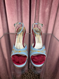 Dolce & Gabbana RUNWAY Spring 1998 Vintage Blue and Gold Wedge Sandals Sz 36.5