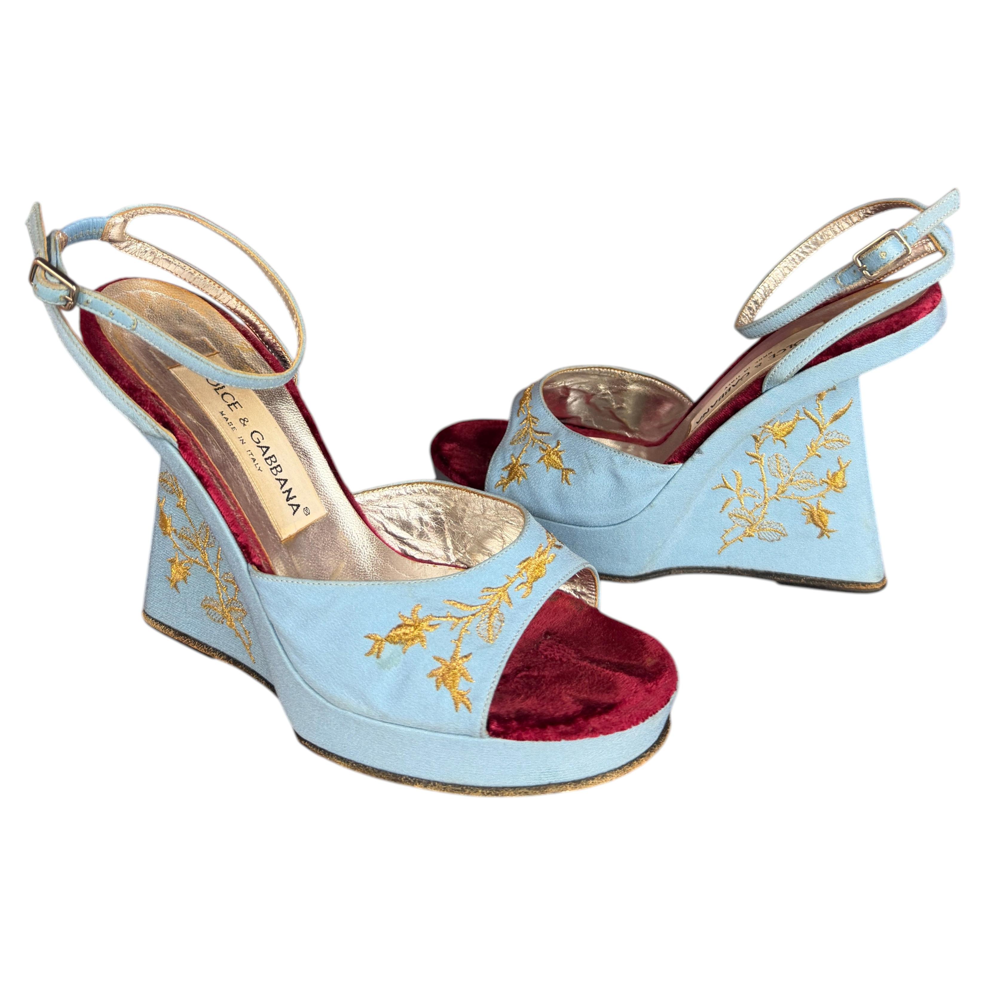 Dolce & Gabbana RUNWAY Spring 1998 Vintage Blue and Gold Wedge Sandals Sz 36.5