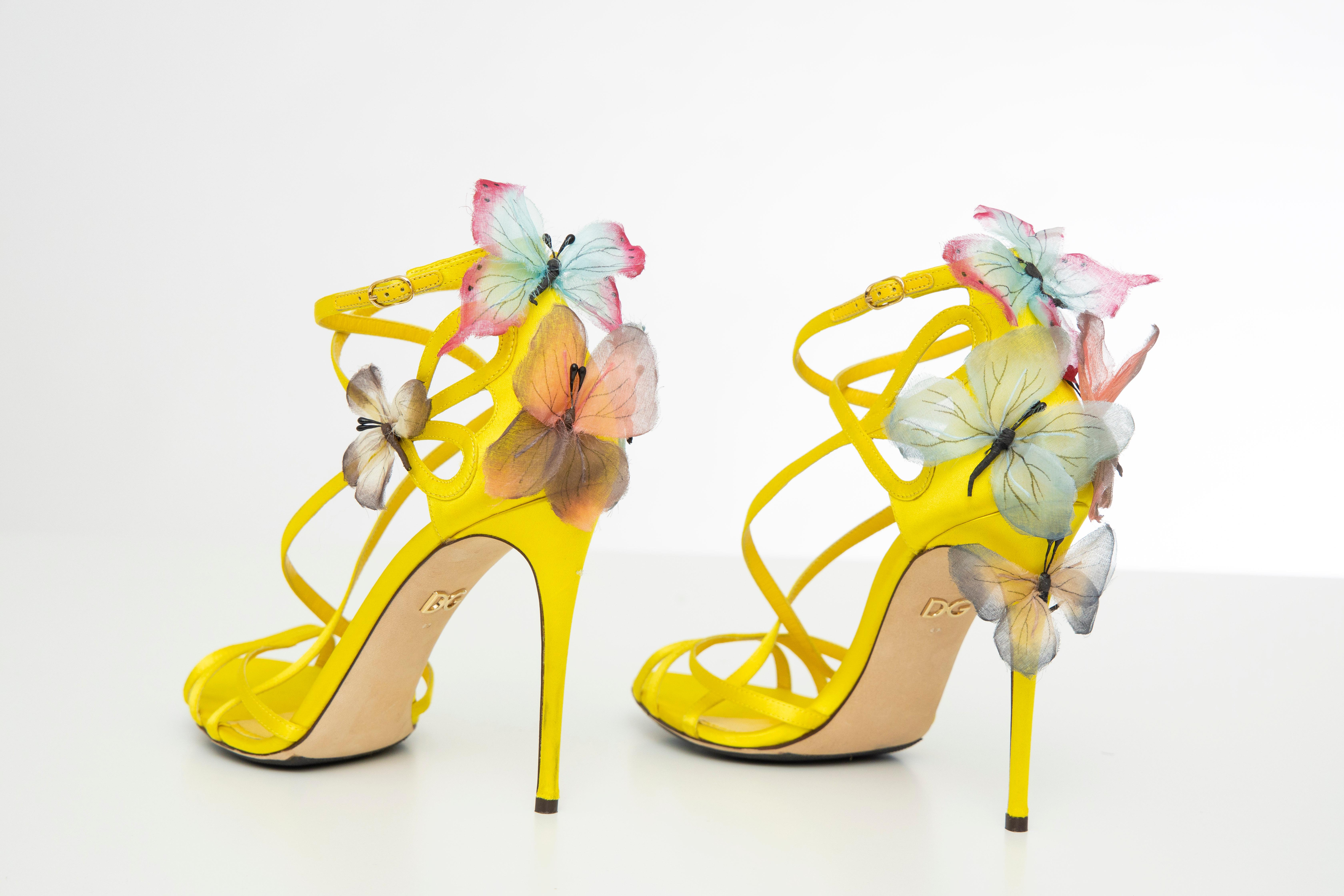 Dolce & Gabbana Runway Yellow Silk Satin Butterfly Appliqué Sandals, Spring 1998 8