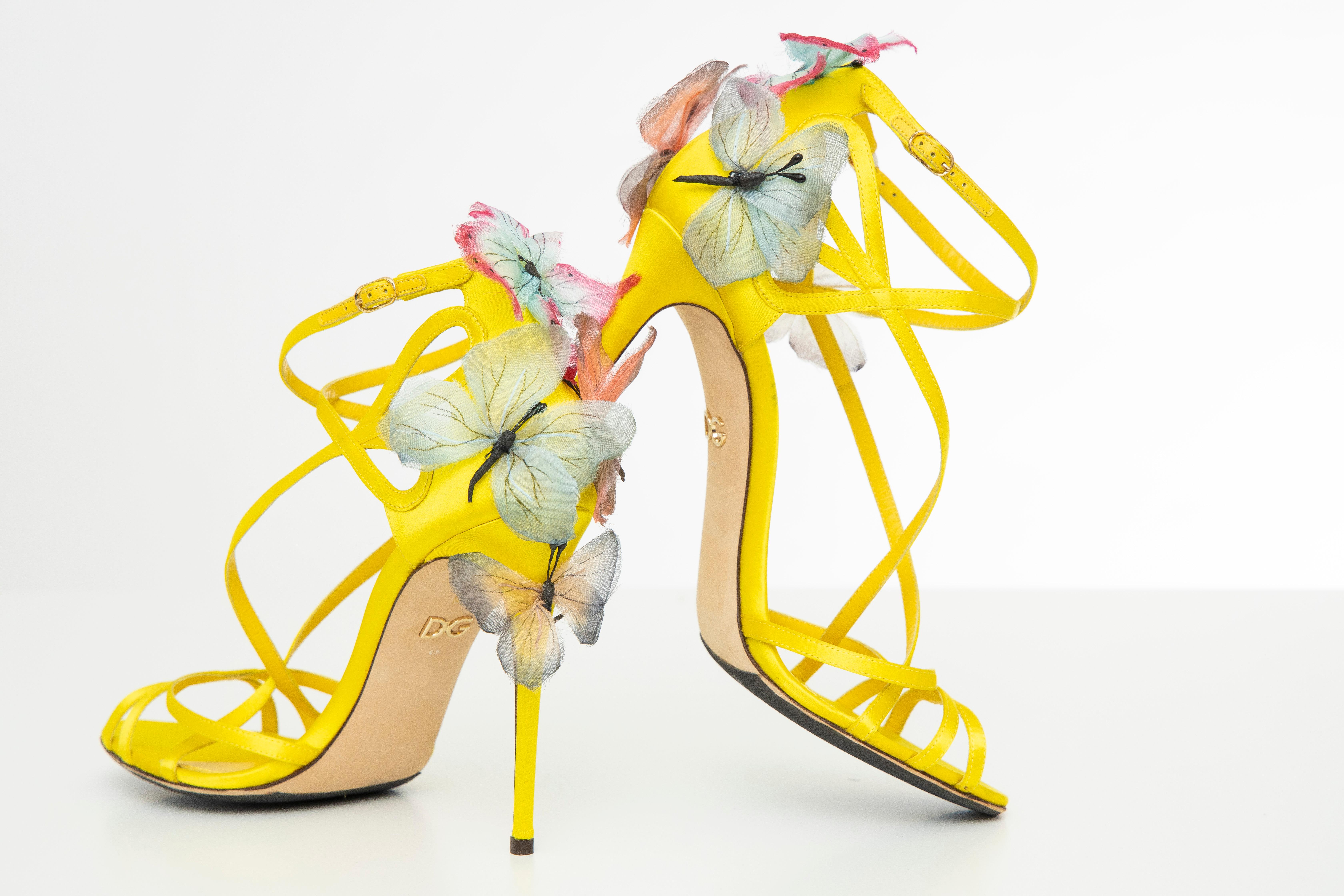 Dolce & Gabbana Runway Yellow Silk Satin Butterfly Appliqué Sandals, Spring 1998 10