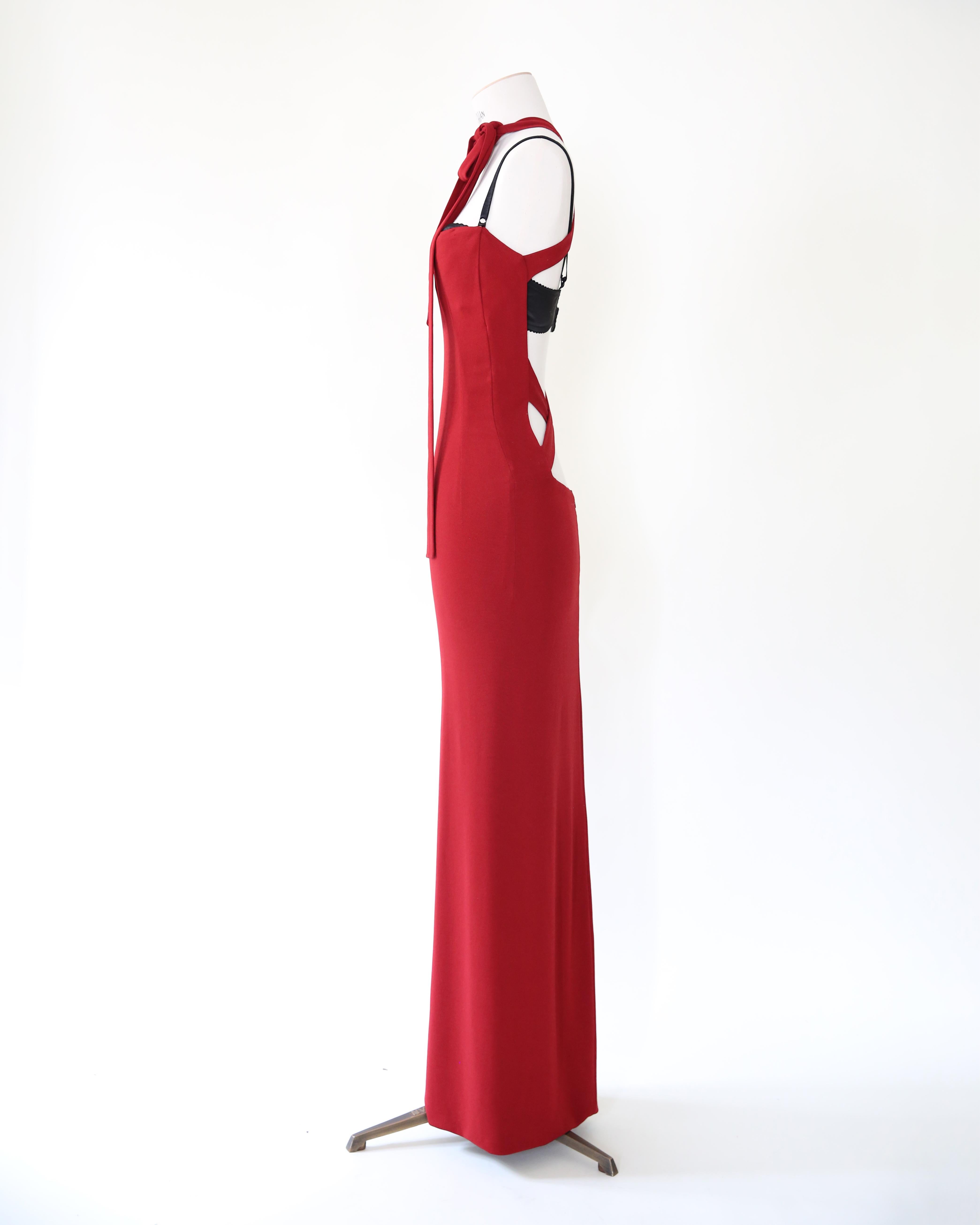 Dolce & Gabbana S/S 01 burgundy backless tie neck midi maxi slim line dress XS-S For Sale 8