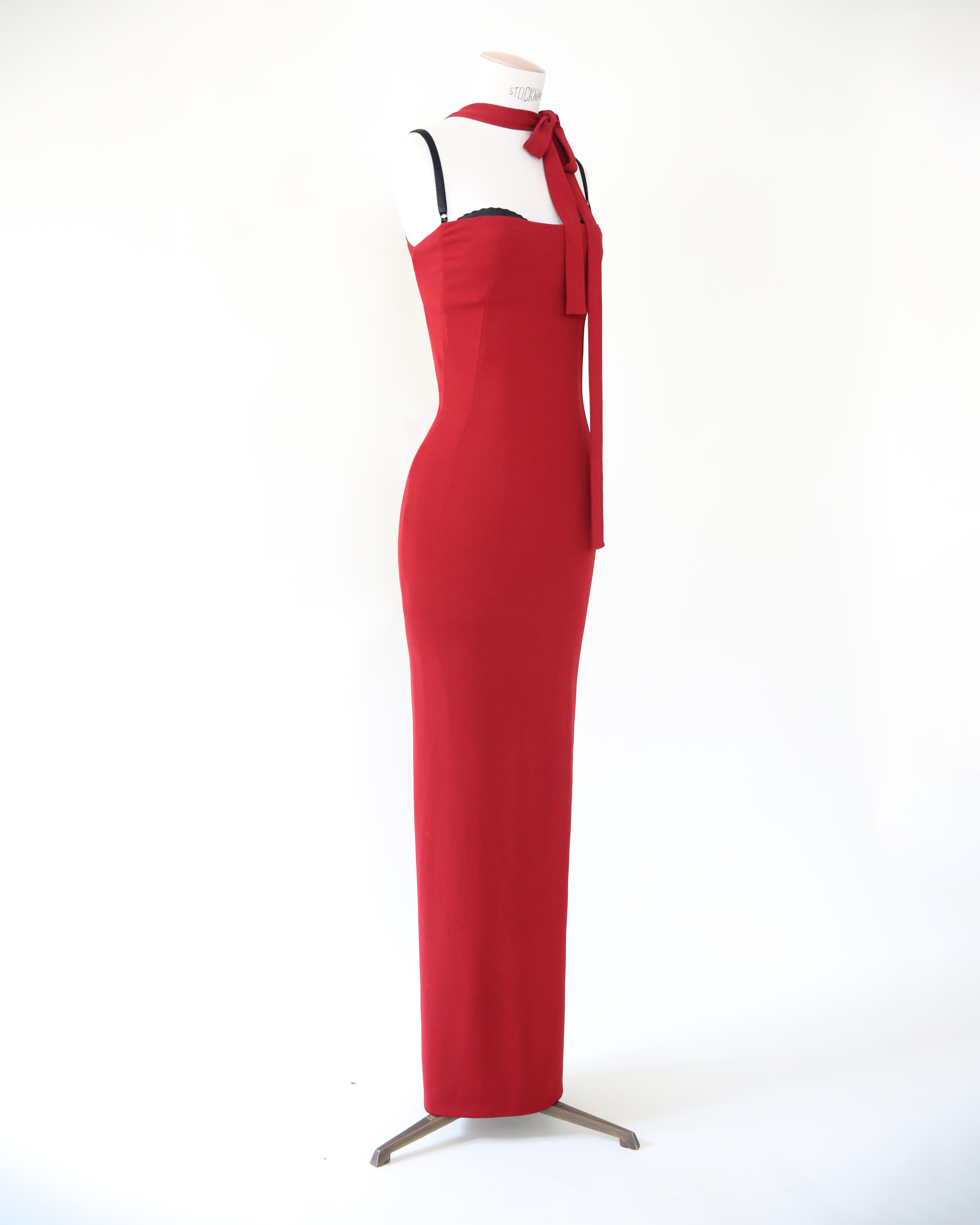 Red Dolce & Gabbana S/S 01 burgundy backless tie neck midi maxi slim line dress XS-S For Sale