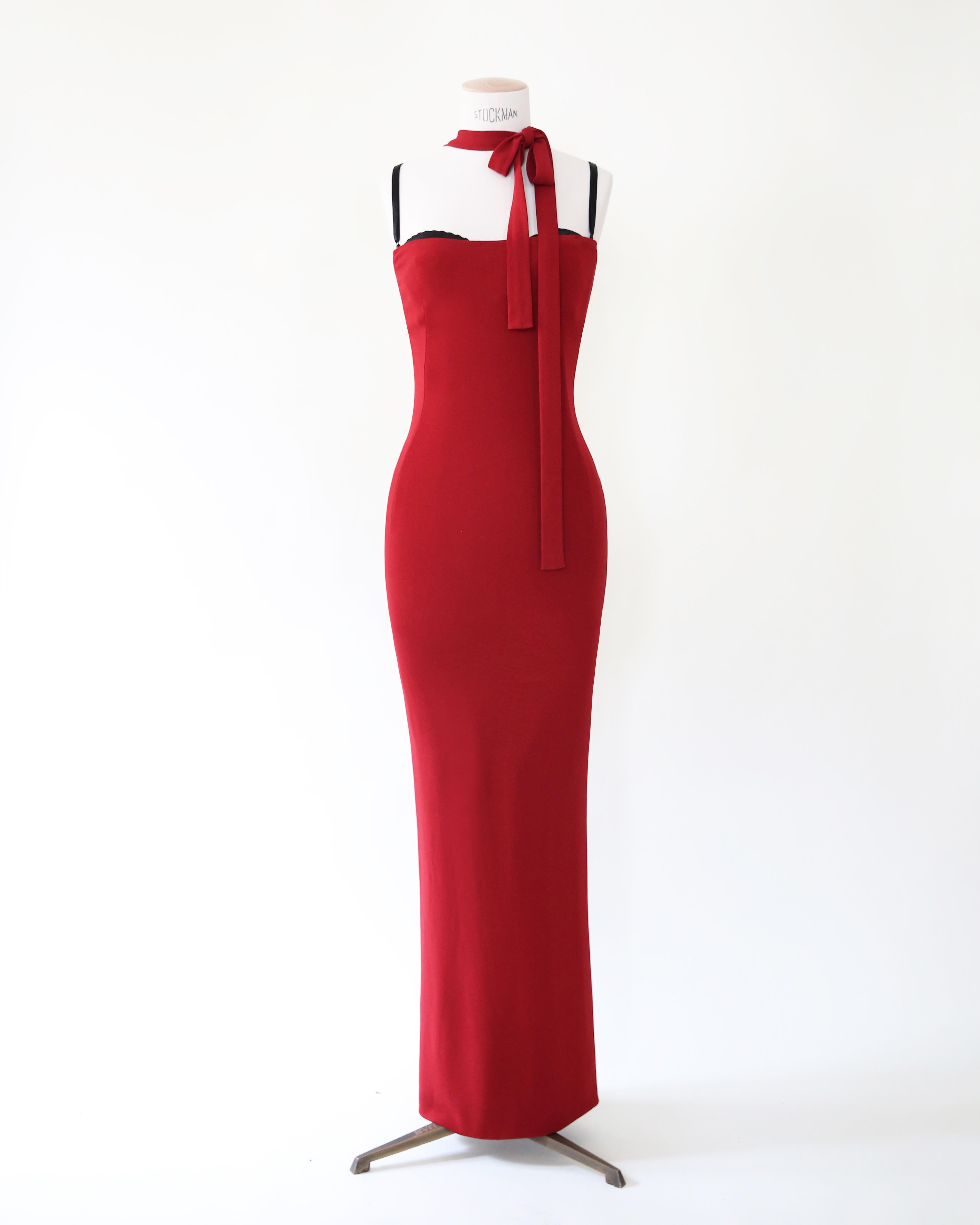 Women's Dolce & Gabbana S/S 01 burgundy backless tie neck midi maxi slim line dress XS-S For Sale