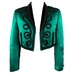 DOLCE & GABBANA S/S 15 Size 44 Emerald & Black Applique Silk Cropped Jacket