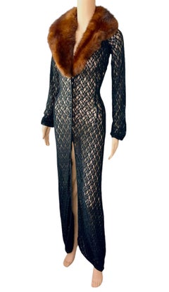 Dolce & Gabbana S/S 1997 Sable Fur Collar Sheer Knit Black Cardigan Coat Dress