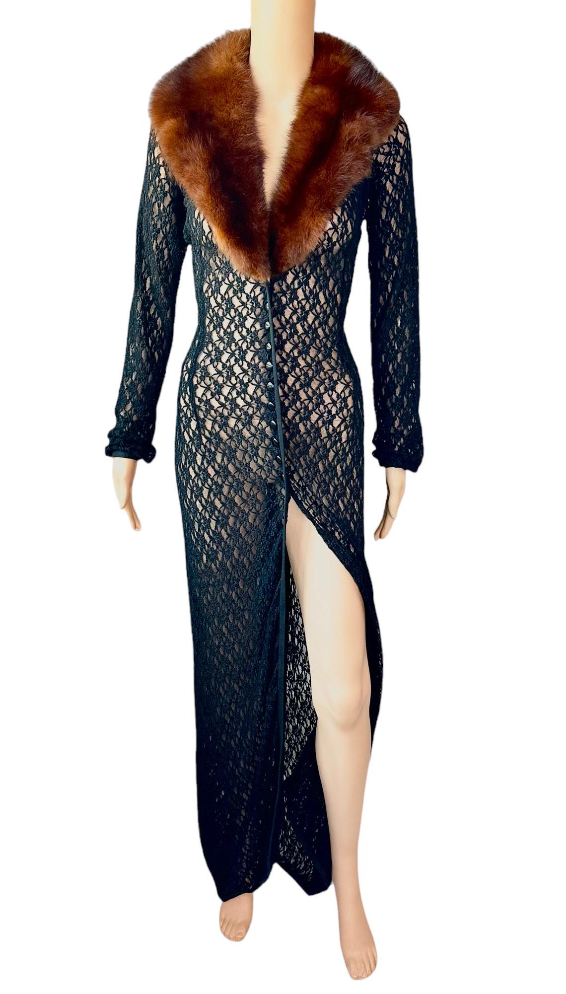 Women's or Men's Dolce & Gabbana S/S 1997 Sable Fur Collar Sheer Knit Black Cardigan Coat Dress For Sale