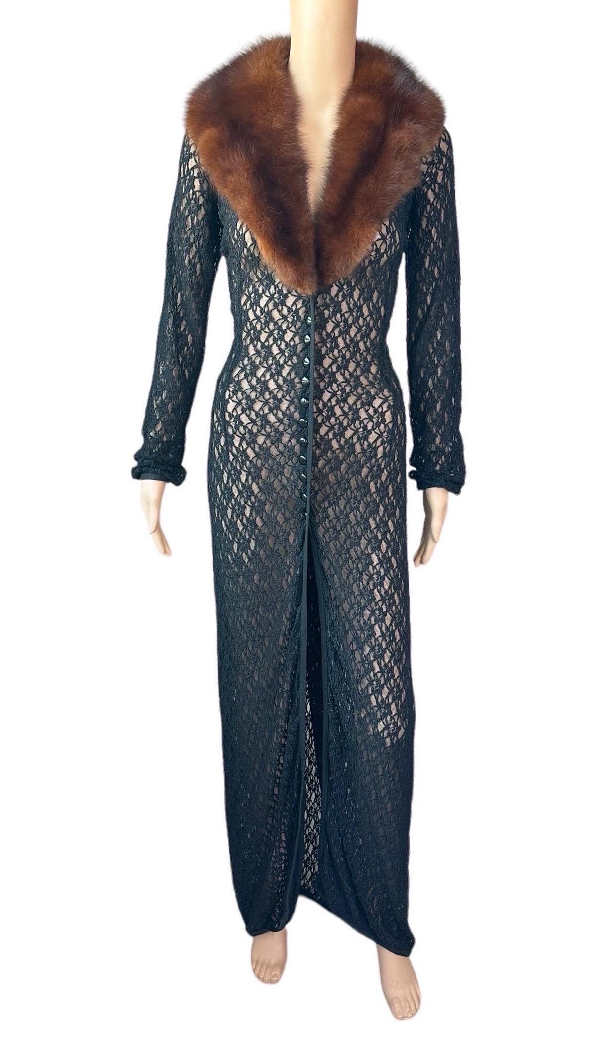 Dolce & Gabbana S/S 1997 Cuello de piel de marta Tejido de punto escarpado Vestido Abrigo Cárdigan Negro en venta 1