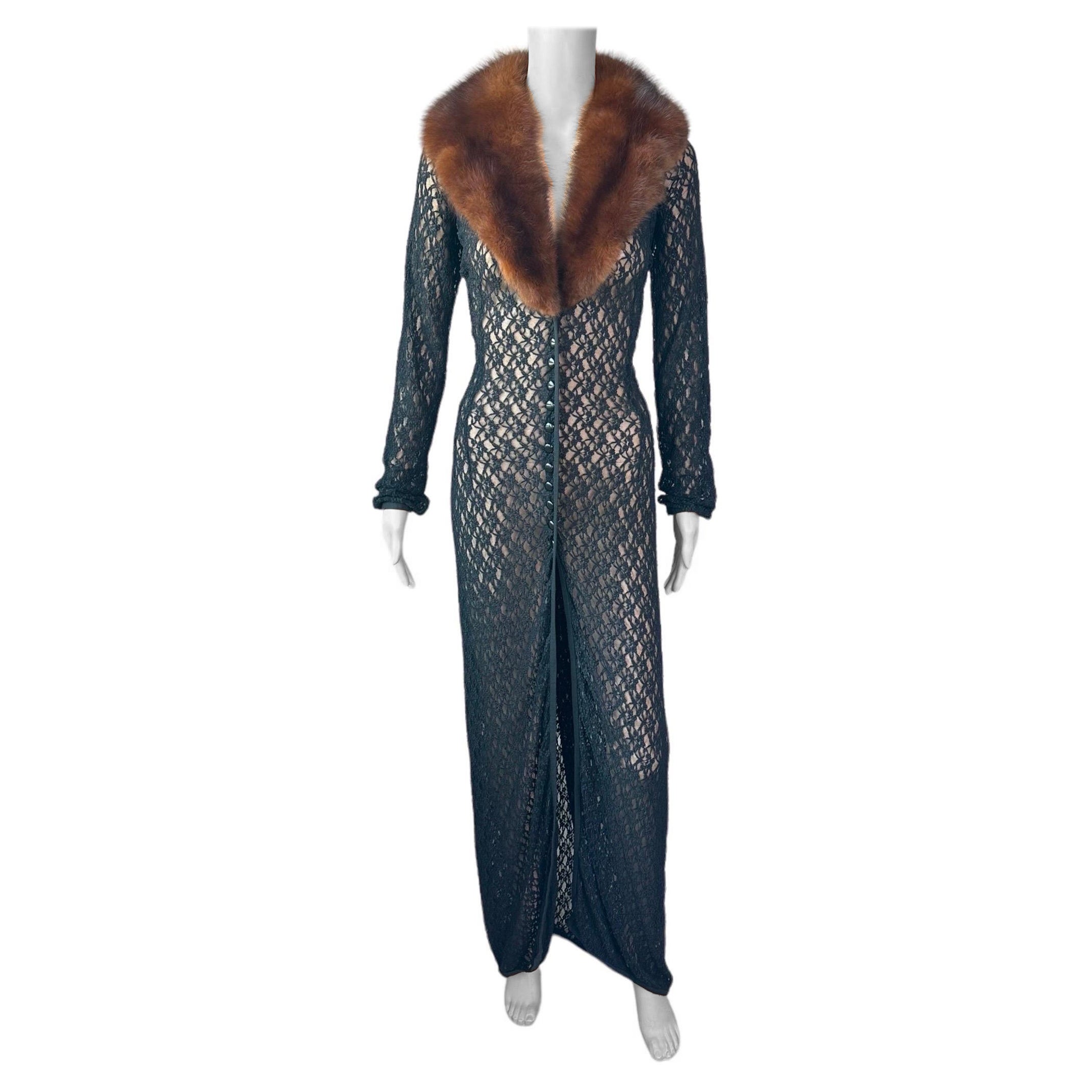 Dolce & Gabbana S/S 1997, robe-cardigan en maille transparente à col en fourrure de zibeline, noir