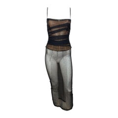 Dolce & Gabbana S/S 1998 Black Sheer Mesh Ruched Diagonal-Banded Bustier Midi Dress