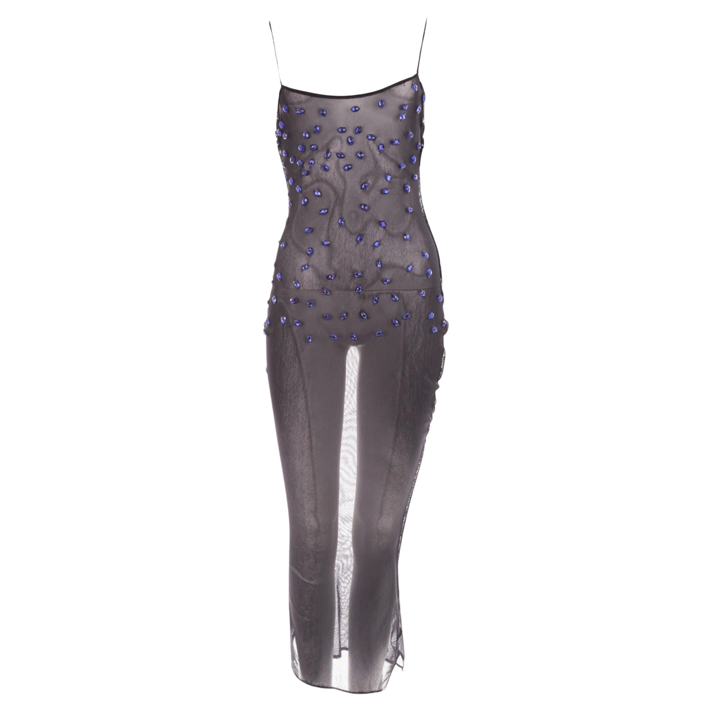 Dolce & Gabbana S/S 1998 blue mesh crystal embellished dress For Sale