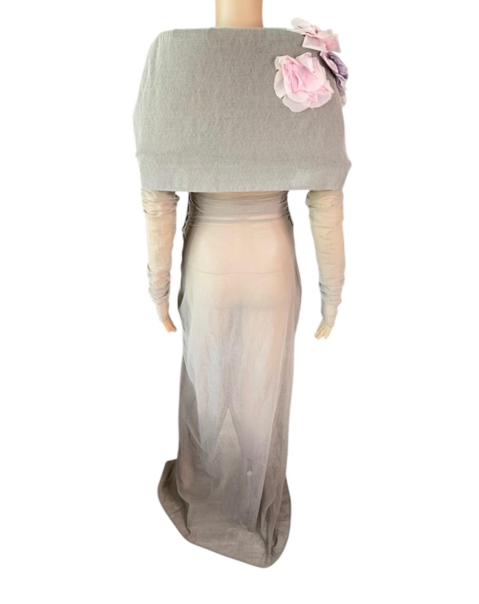 Beige Dolce & Gabbana S/S 1998 Runway Floral Appliqué Sheer Mesh Coat Evening Dress For Sale