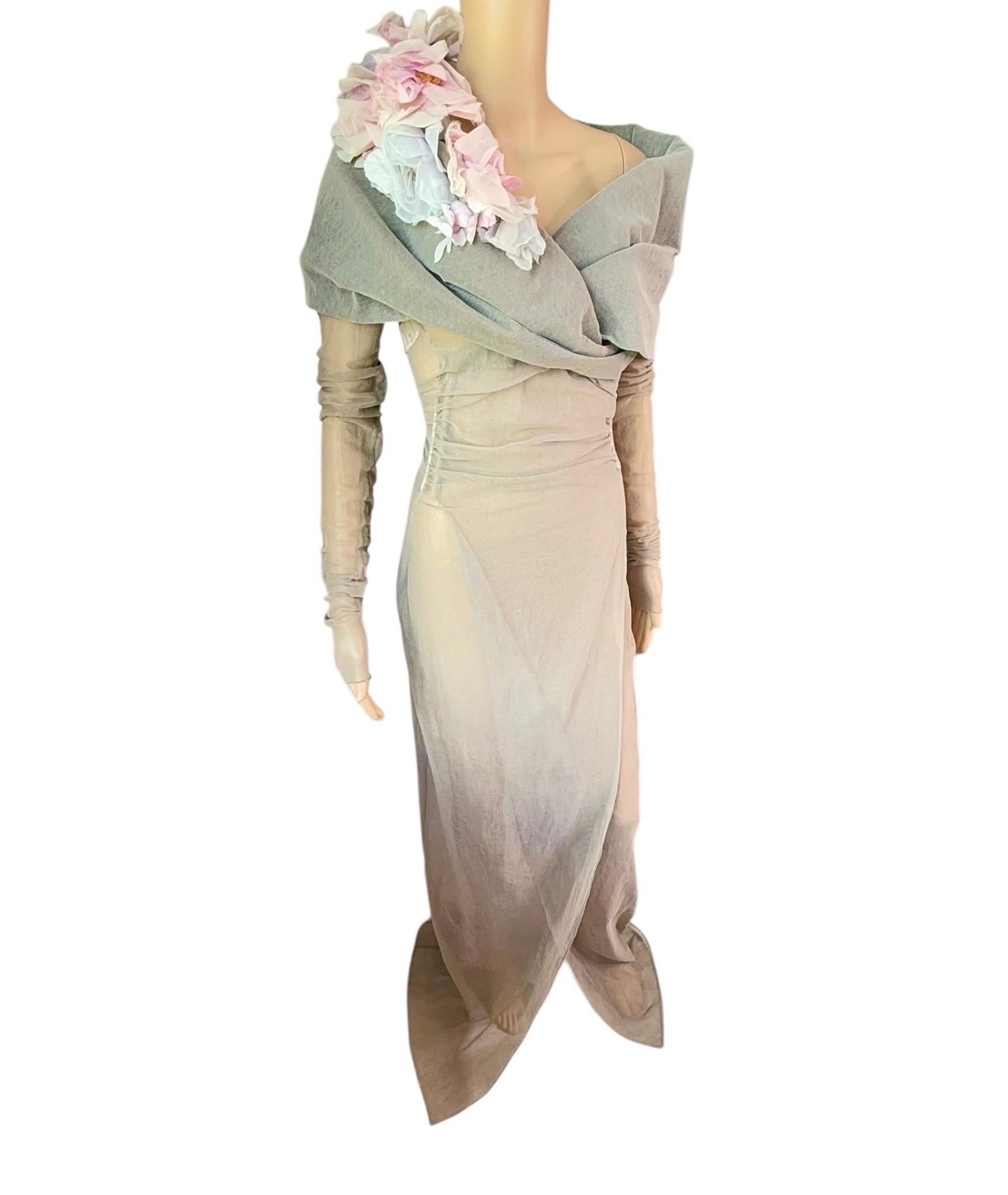 Dolce & Gabbana S/S 1998 Runway Floral Appliqué Sheer Mesh Coat Evening Dress In Good Condition For Sale In Naples, FL