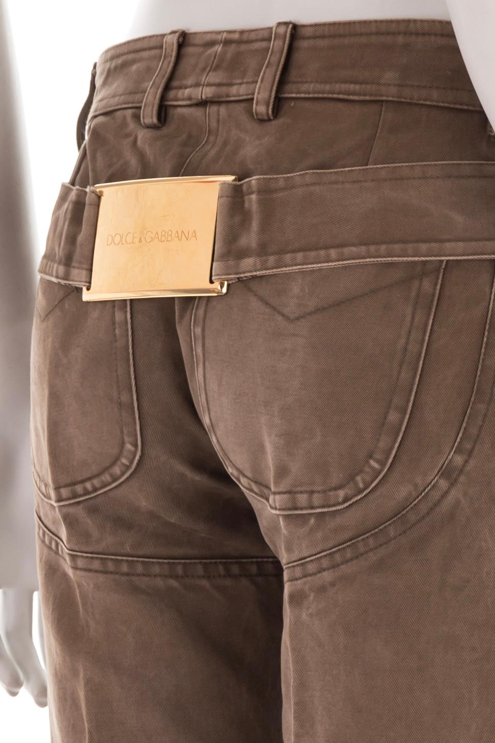 Women's or Men's Dolce & Gabbana S/S 2001 gold logo plaque denim chaps For Sale