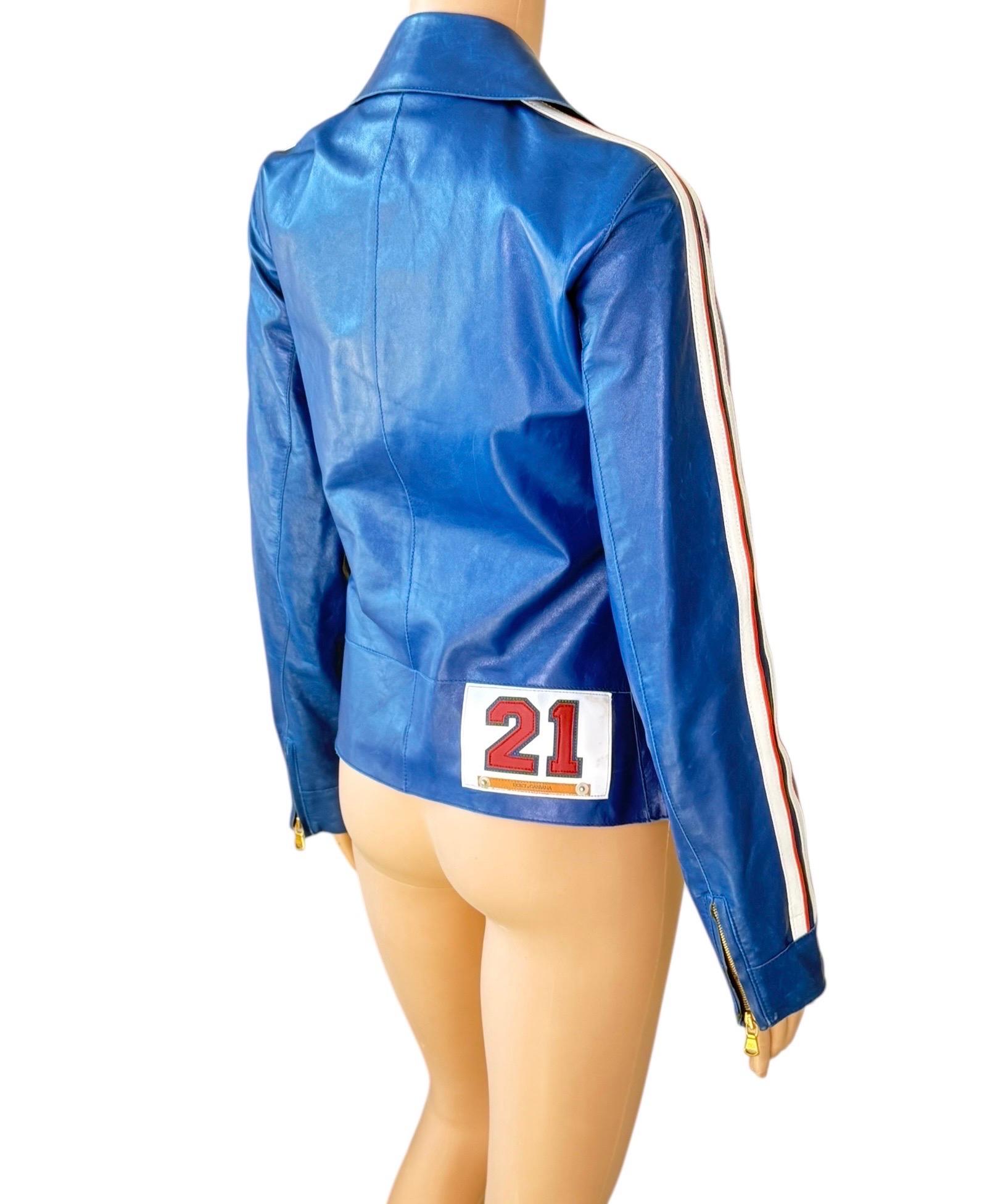 Dolce & Gabbana P/E 2001 Pelle Biker Moto Blu Crop Jacket Cappotto in vendita 2