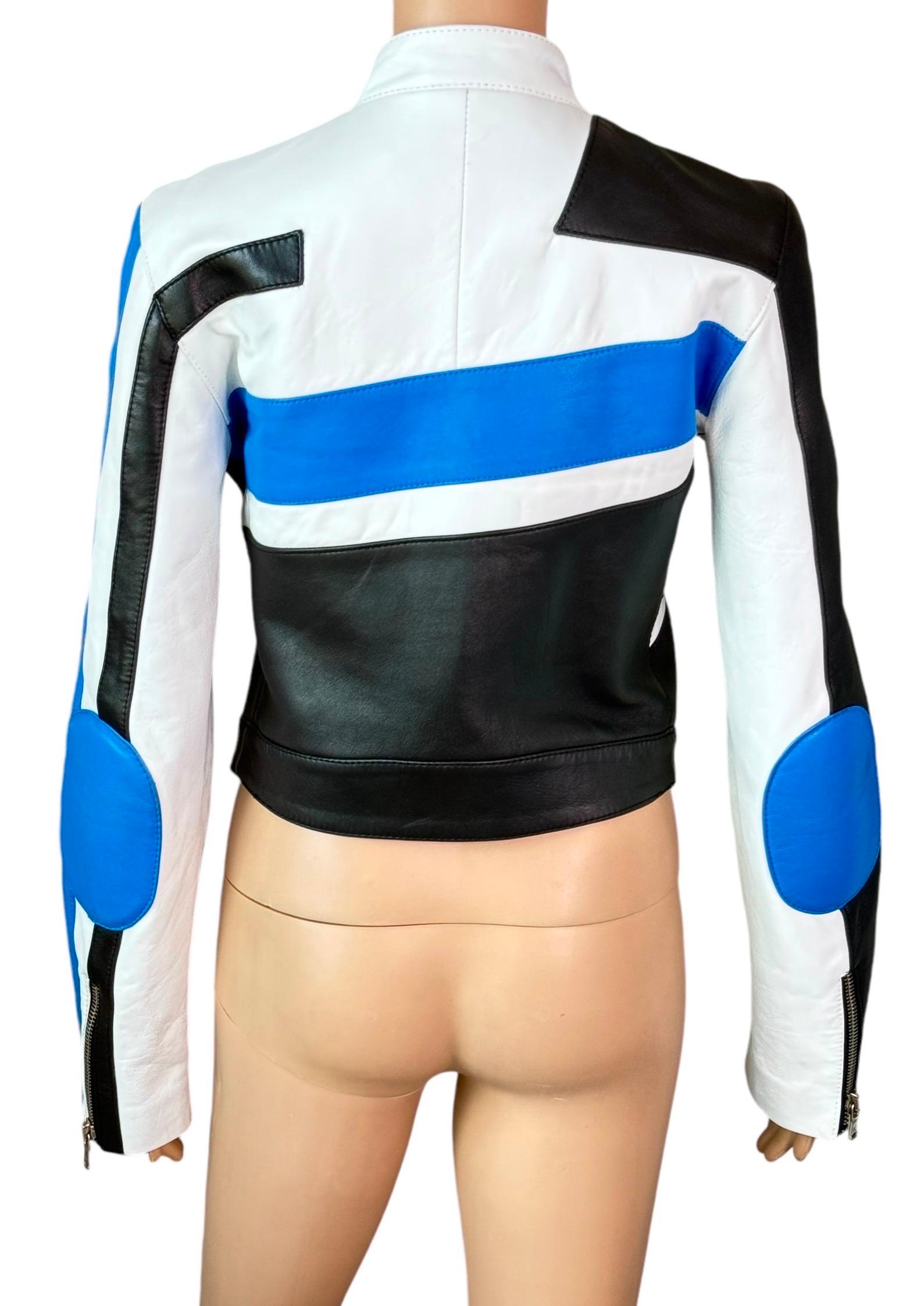 Blue Dolce & Gabbana S/S 2001 Runway Color Block Leather Biker Crop Jacket Coat