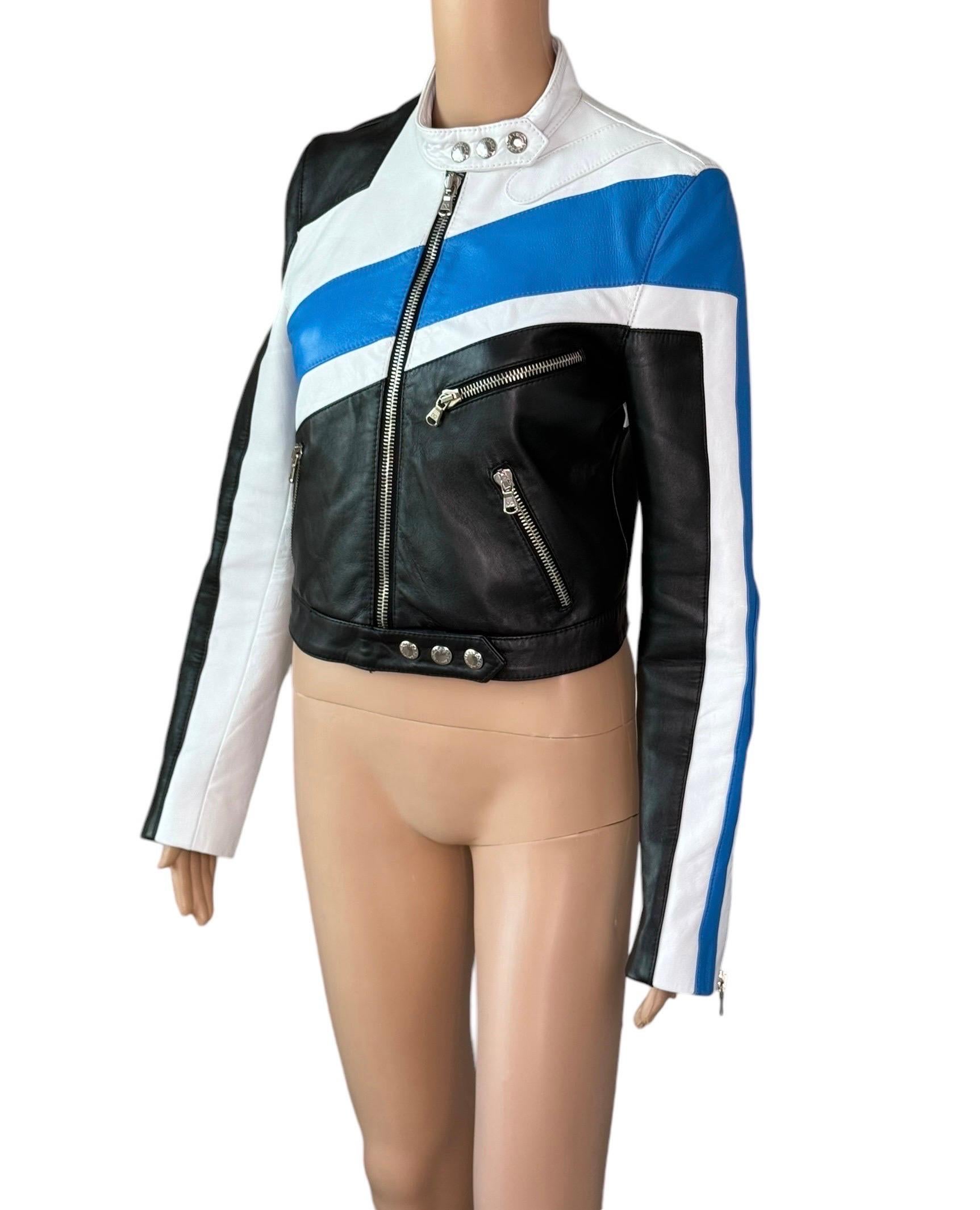 Dolce & Gabbana S/S 2001 Runway Color Block Leather Biker Crop Jacket Coat In Excellent Condition In Naples, FL