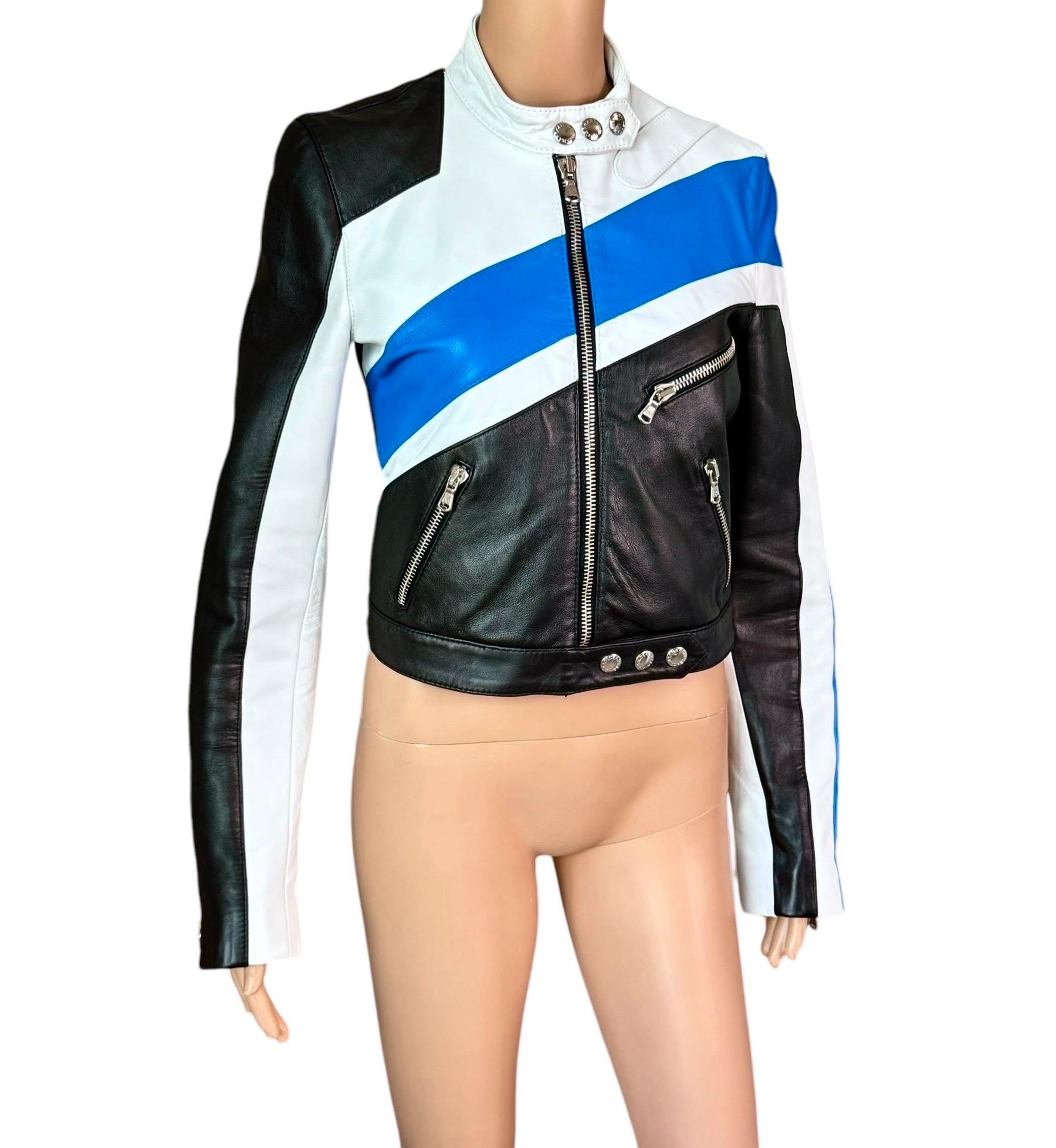 Women's Dolce & Gabbana S/S 2001 Runway Color Block Leather Biker Crop Jacket Coat