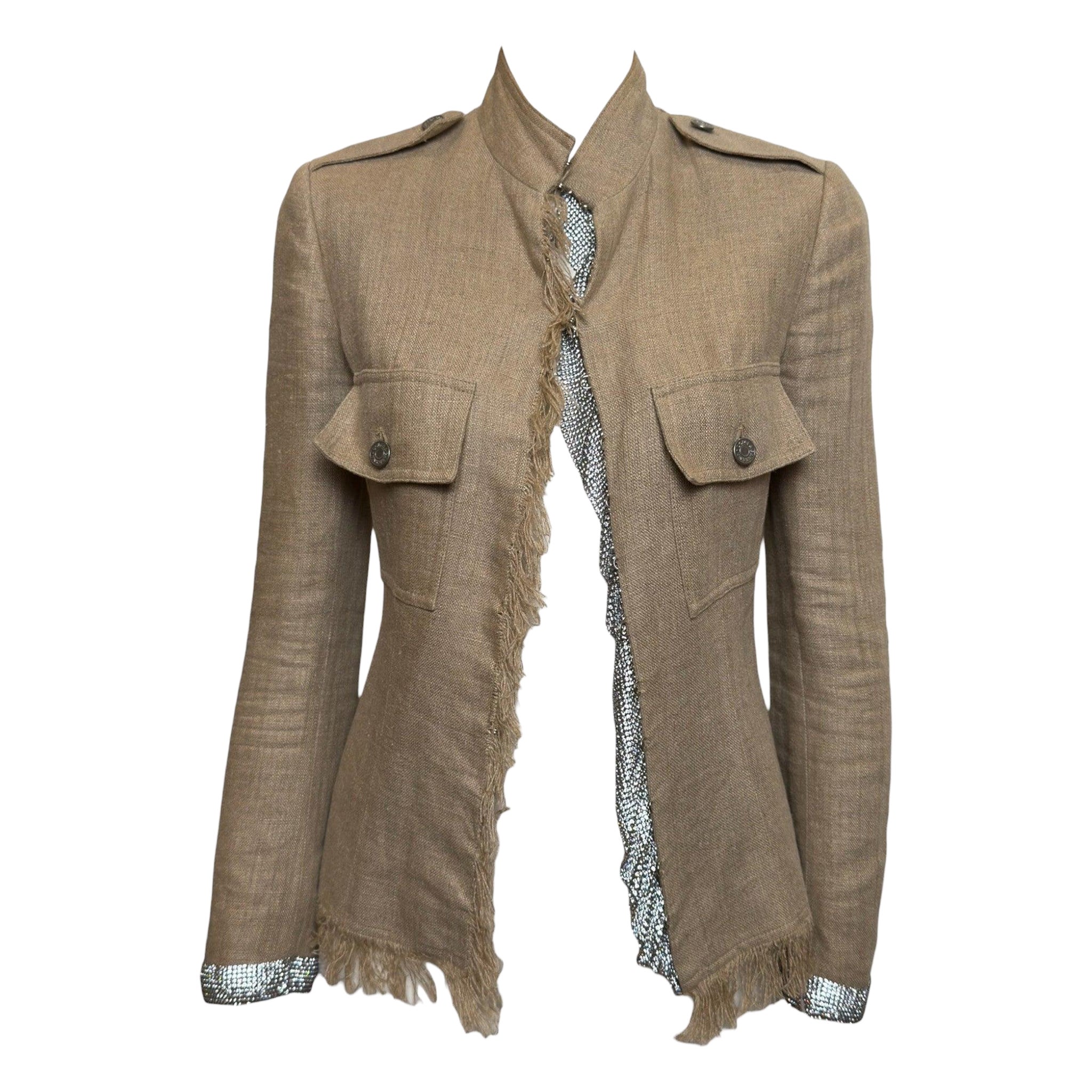 Dolce & Gabbana S/S 2001 Sand Fringed Linen Military Jacket With Crystal Mesh Trim