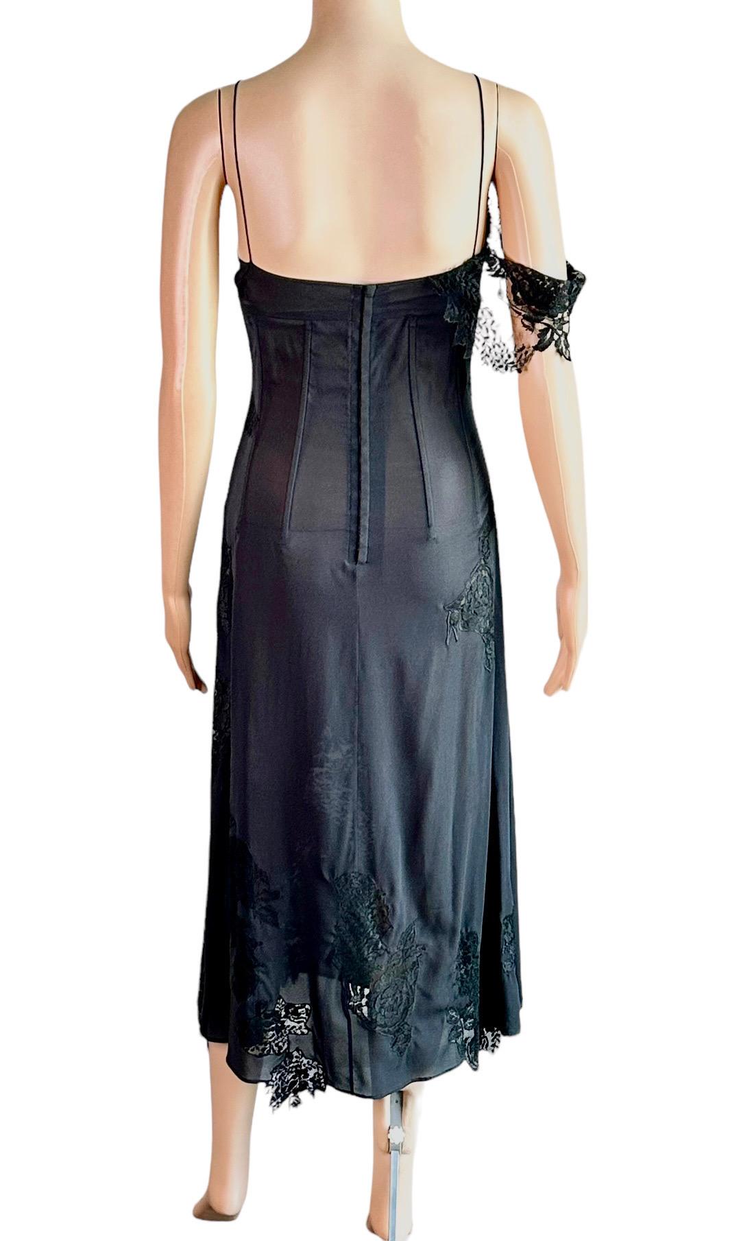 Dolce & Gabbana S/S 2002 Runway Unworn Sheer Lace Corset Black Midi Dress In New Condition For Sale In Naples, FL