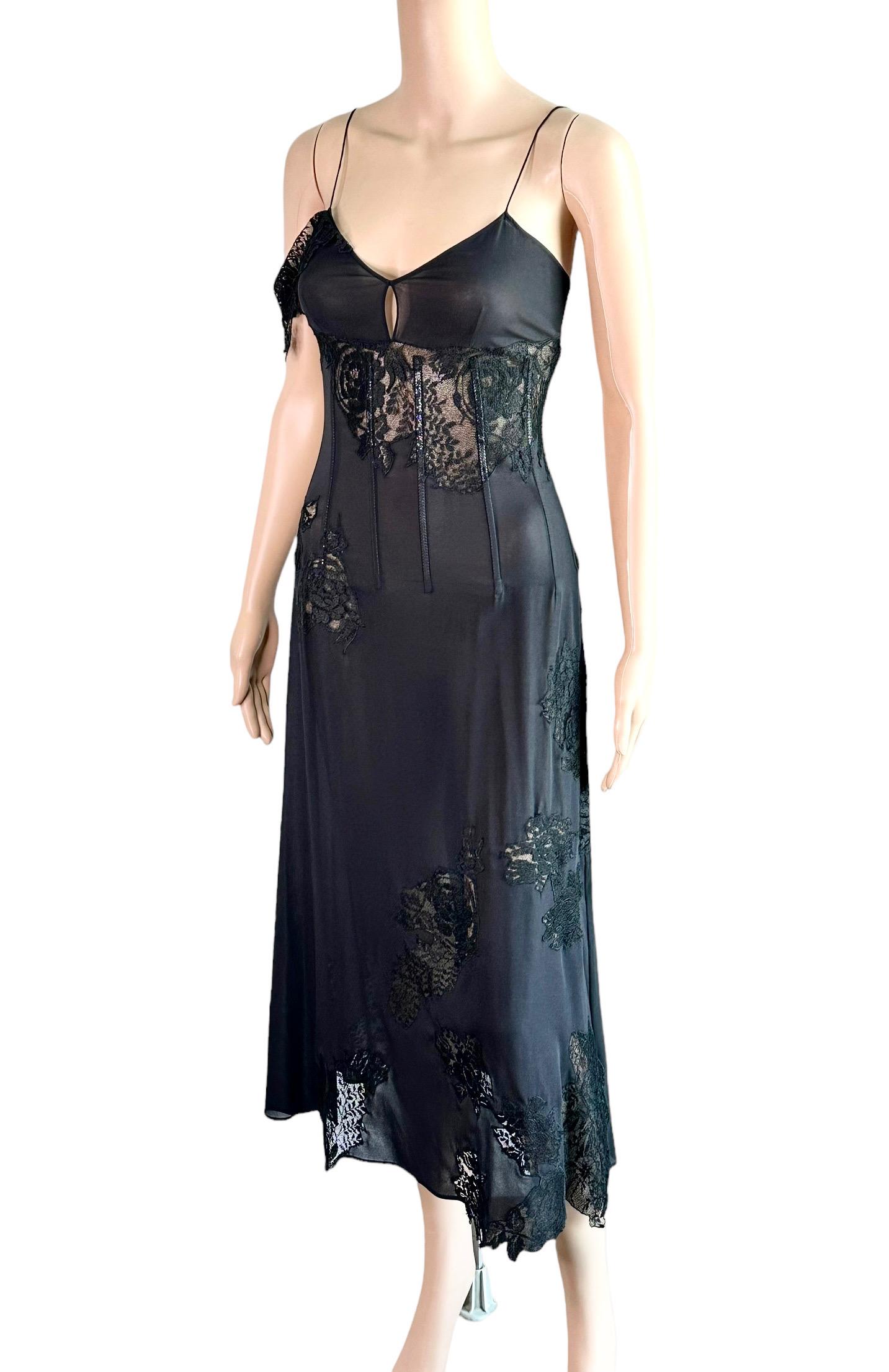 Women's or Men's Dolce & Gabbana S/S 2002 Runway Unworn Sheer Lace Corset Black Midi Dress For Sale