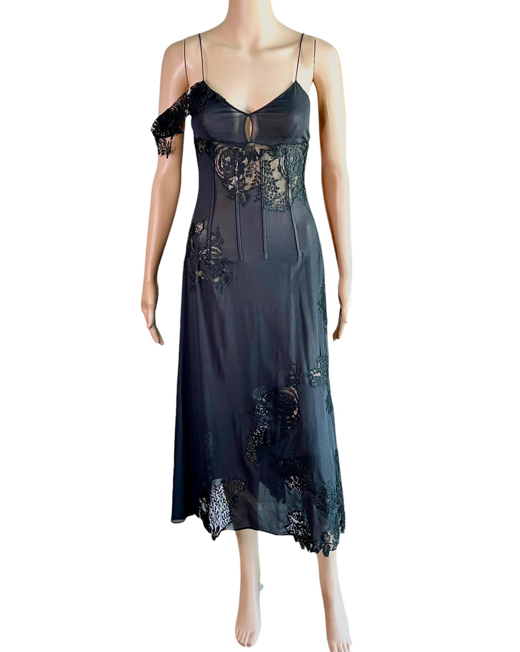 Dolce & Gabbana S/S 2002 Runway Unworn Sheer Lace Corset Black Midi Dress For Sale 1