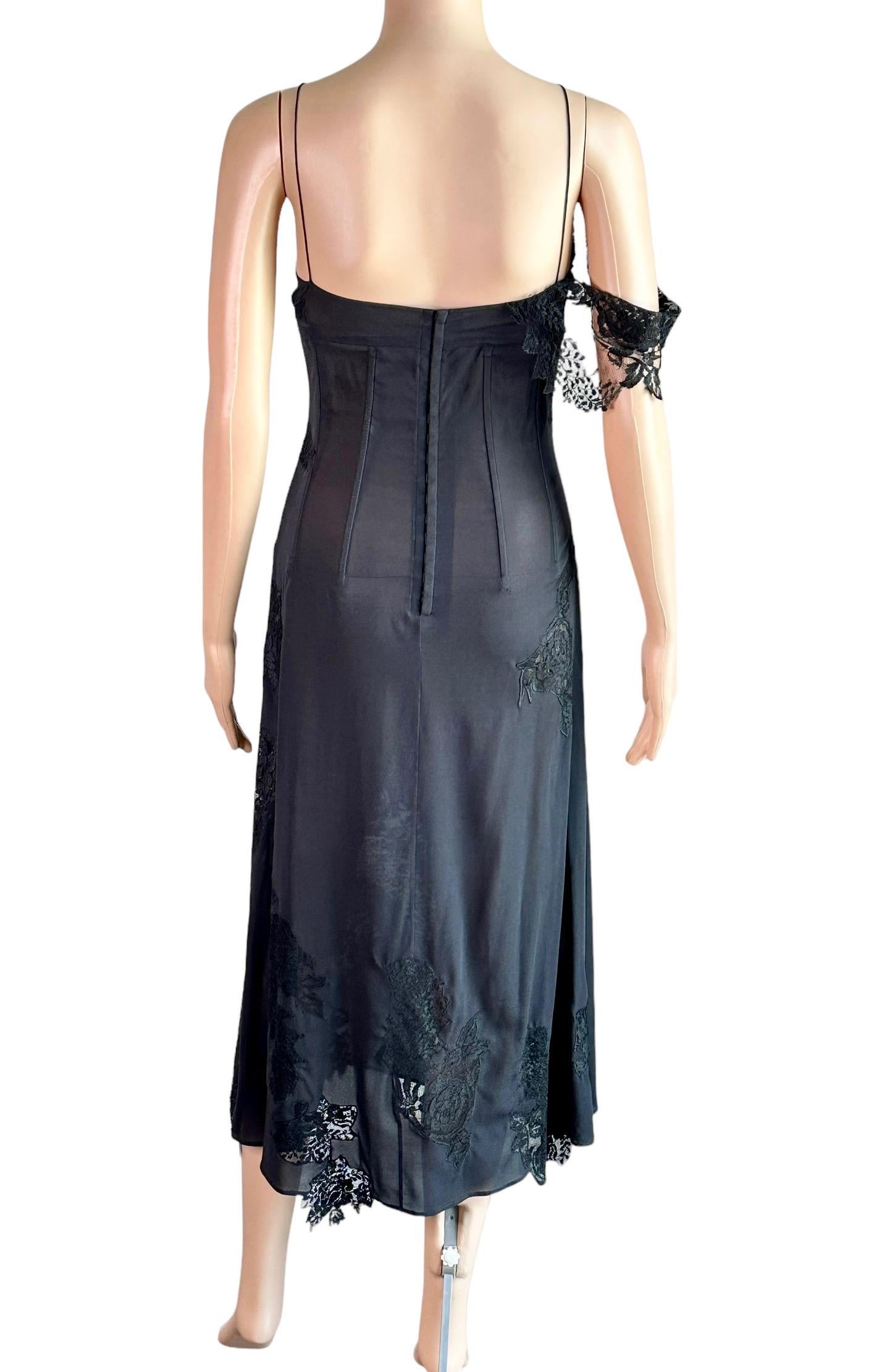 Dolce & Gabbana S/S 2002 Runway Unworn Sheer Lace Corset Black Midi Dress For Sale 2