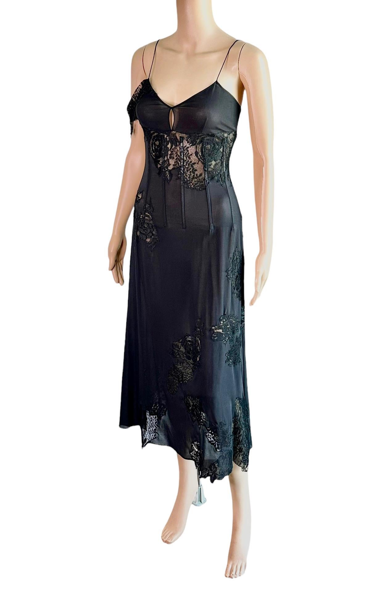 Dolce & Gabbana S/S 2002 Runway Unworn Sheer Lace Corset Black Midi Dress For Sale 4
