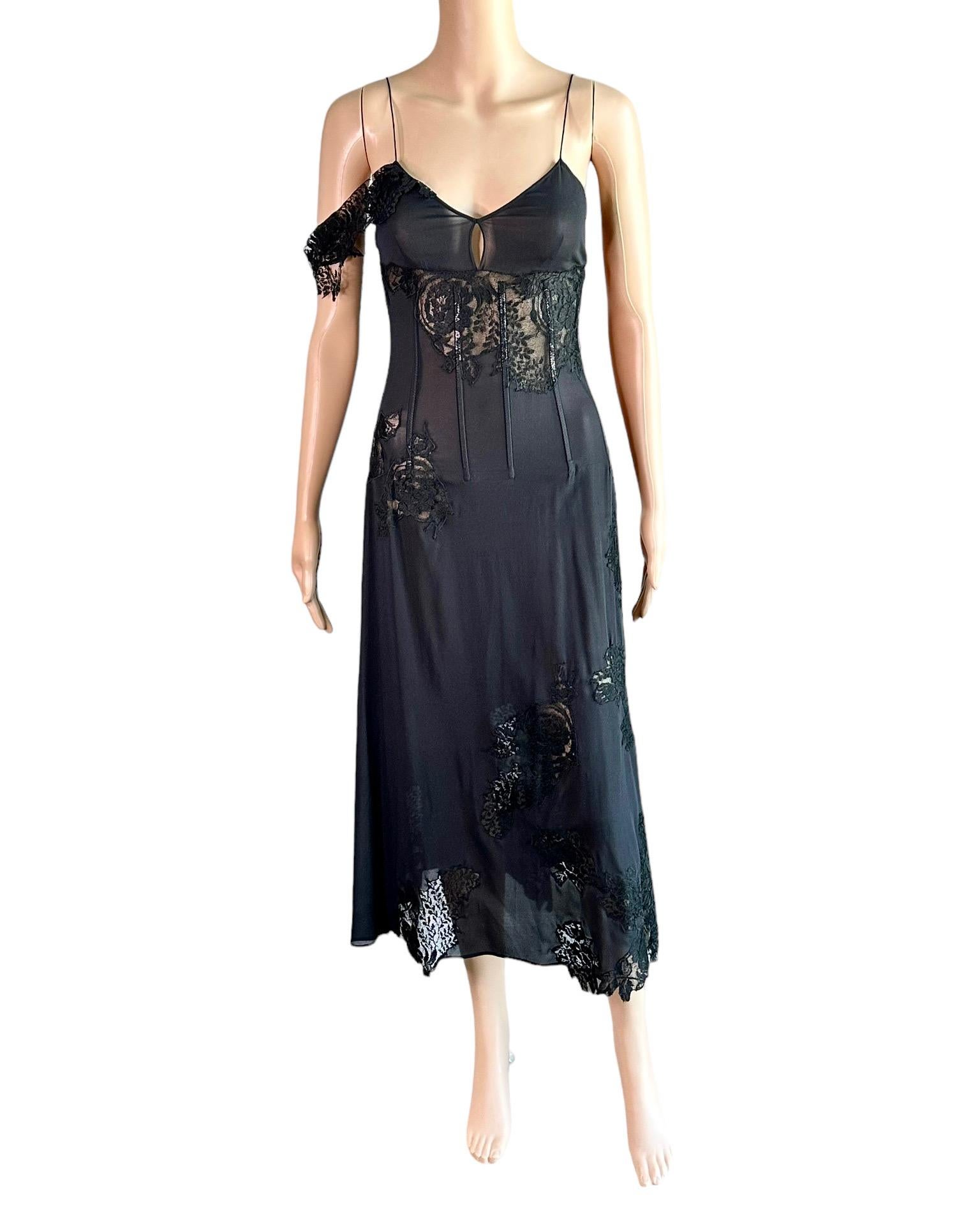 Dolce & Gabbana S/S 2002 Runway Unworn Sheer Lace Corset Black Midi Dress For Sale 5