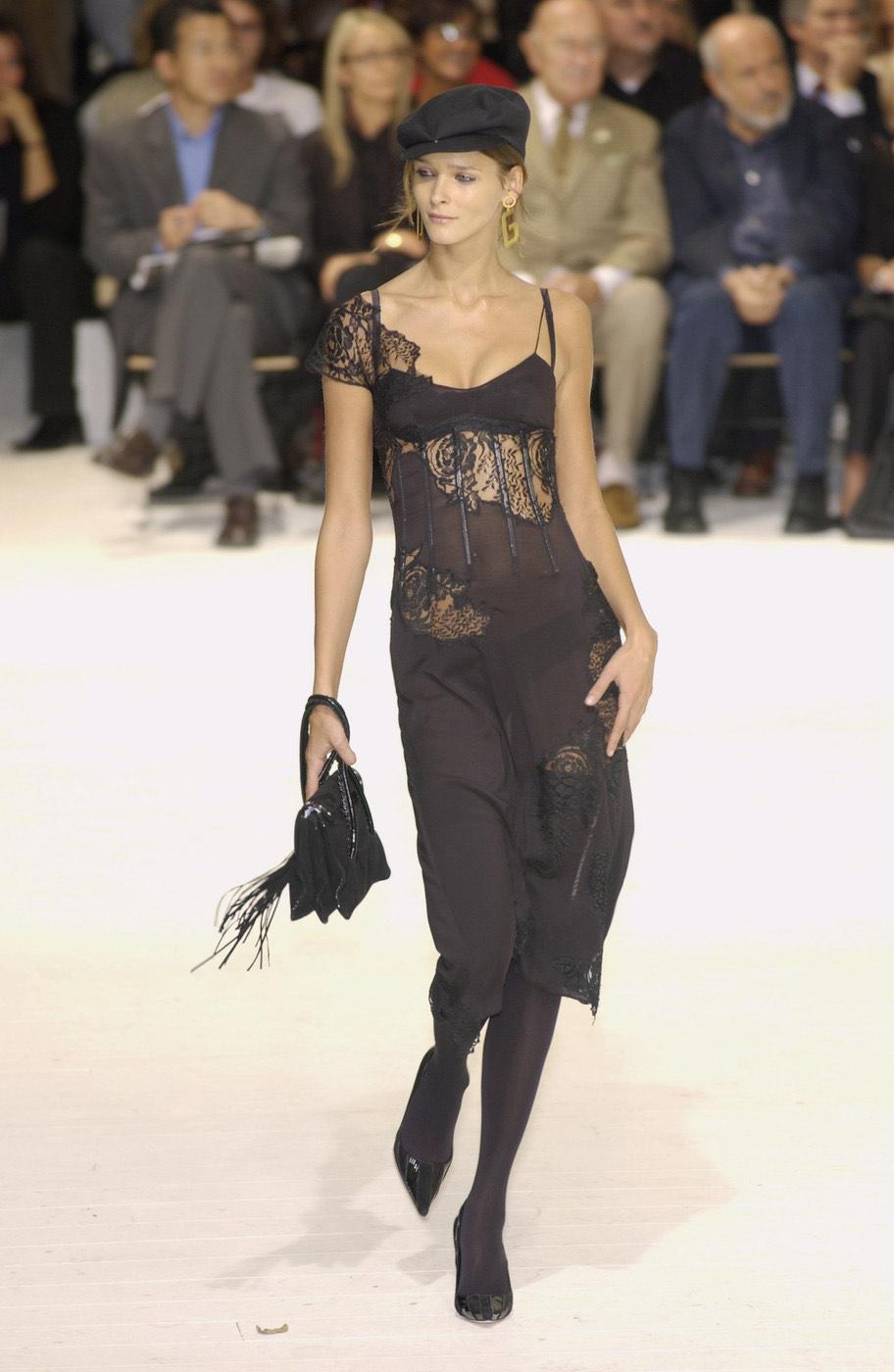 Dolce & Gabbana S/S 2002 Runway Sheer Silk Lace Corset Black Slip Dress In Excellent Condition For Sale In Baar, CH