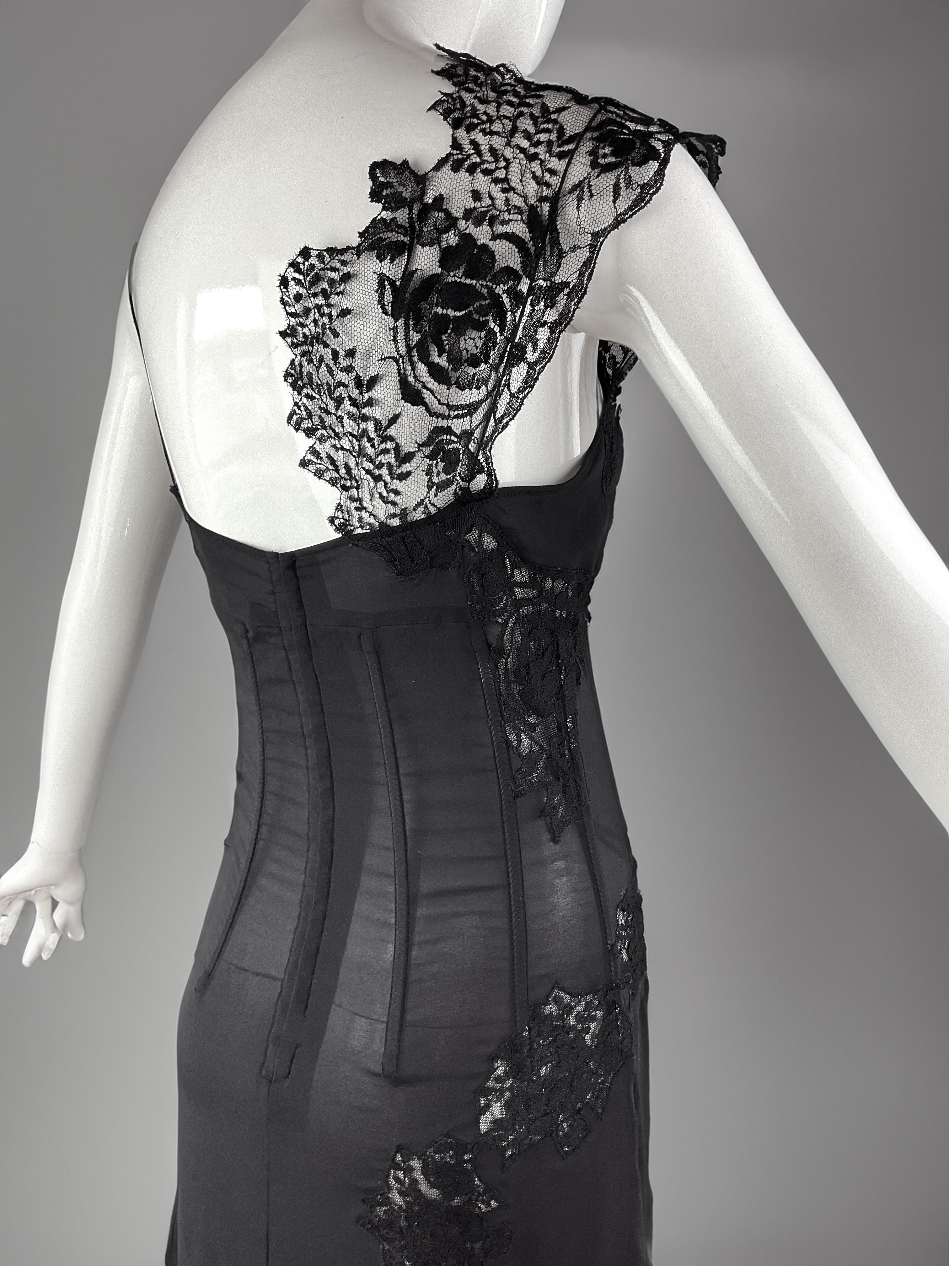 Dolce & Gabbana S/S 2002 Runway Sheer Silk Lace Corset Black Slip Dress For Sale 2