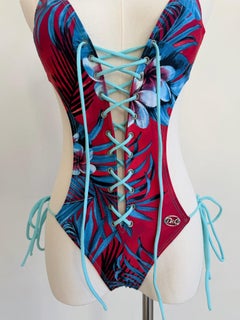 Dolce & Gabbana S/S 2003 Red & Blue Hawaiian Floral Corset Lace-Up One-Piece