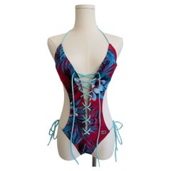 Dolce & Gabbana S/S 2003 Red & Blue Hawaiian Floral Corset Lace-Up One-Piece