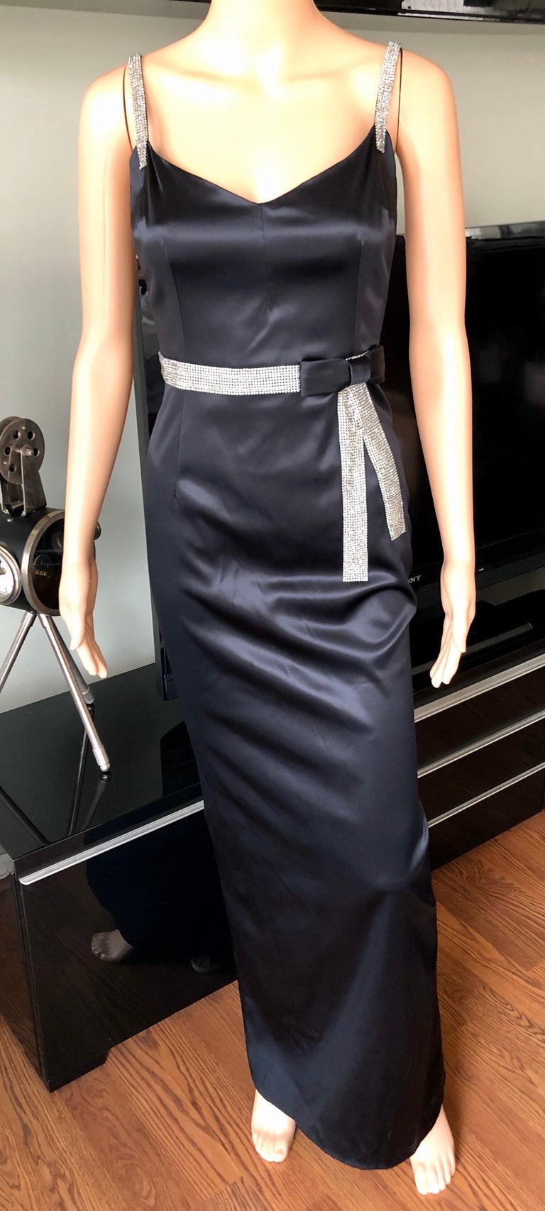 Dolce and Gabbana S/S 2004 Embellished Crystal Belt Satin Black Evening Dress  Gown For Sale at 1stDibs | dolce and gabbana evening gown, black dress with silver  belt, black satin evening gown